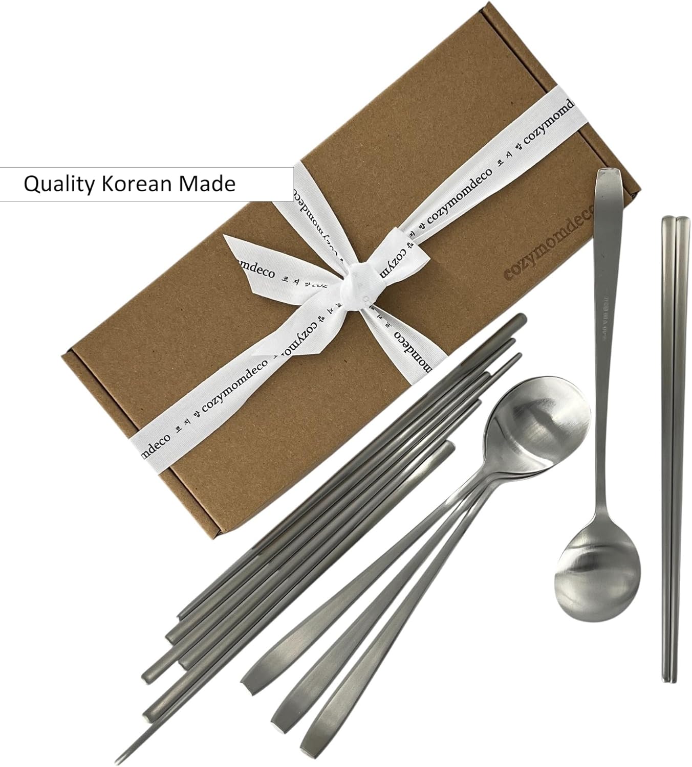 Korean Made Stainless Steel Silver Utensil Flatware Cutlery Korean Chopsticks and Spoons 4SET Gift for Mom, Stocking Stuffer