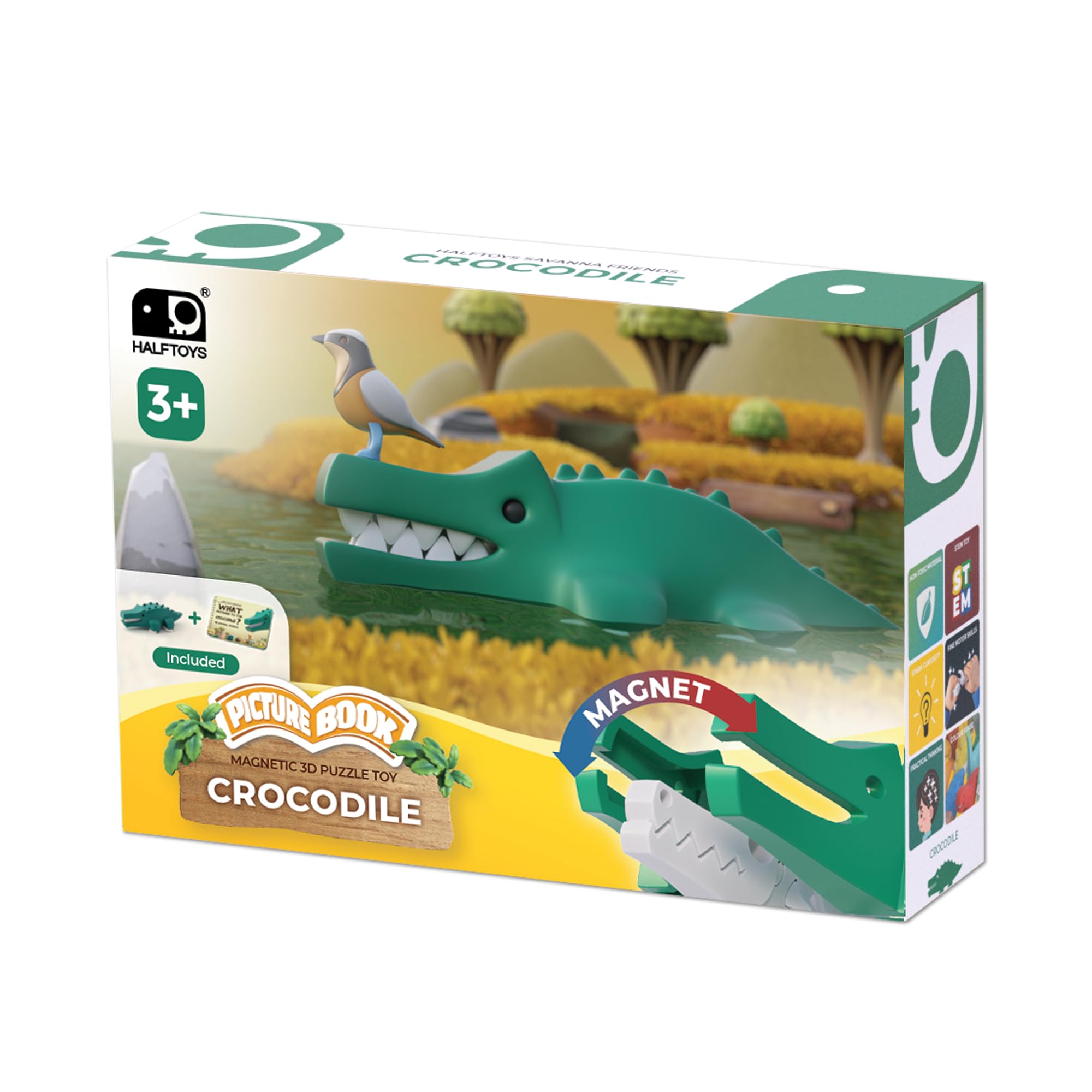 Halftoys Picture Book | Illustrated Story & Magnetic 3D Puzzle Toy | Multi-Sensory Learning | Safe, Durable & Washable | Perfect for Little Hands (Crocodile)