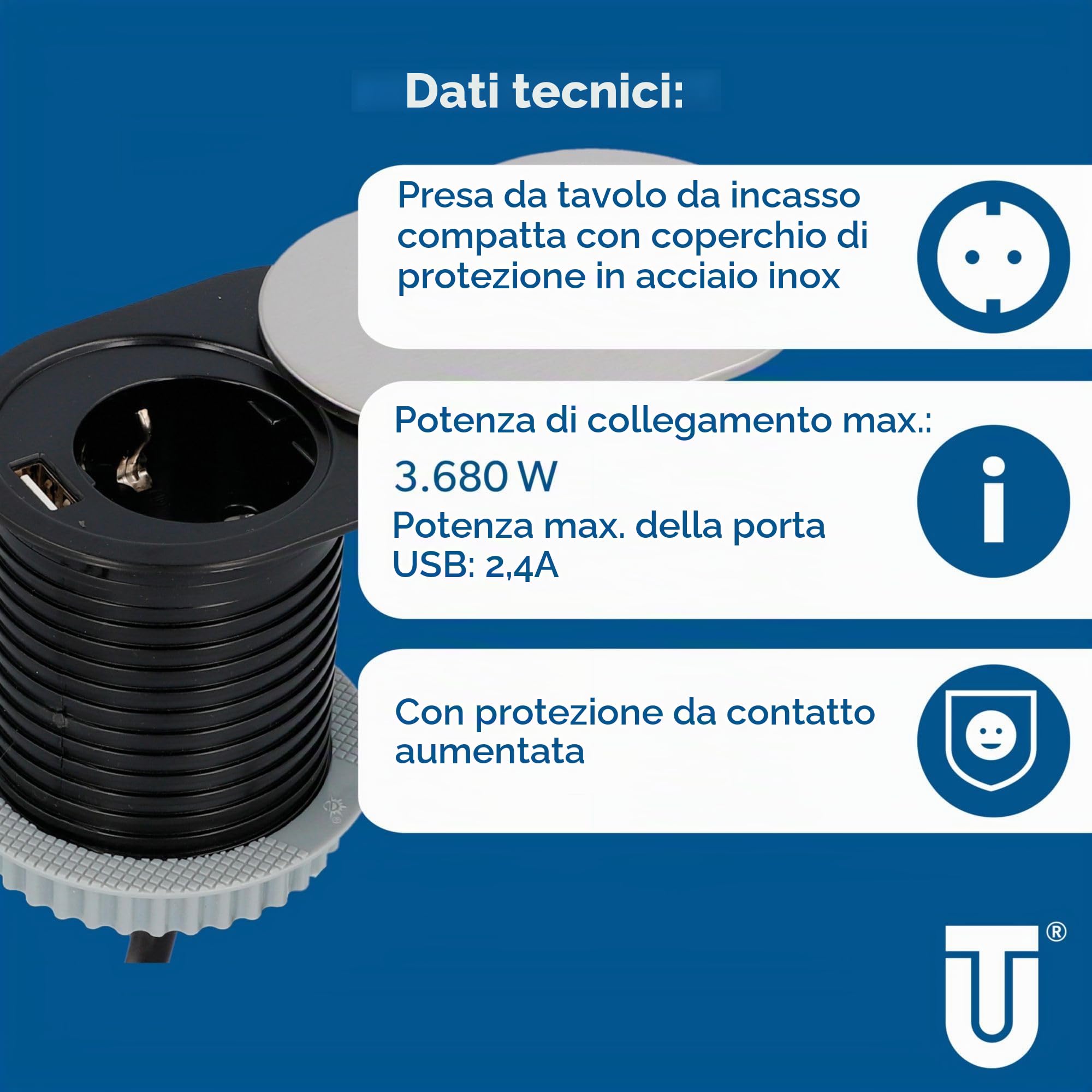 UNITEC Presa da incasso per piano da tavolo, presa da tavolo, 1 presa Schuko + 1 USB, dimensioni compatte, facile installazione, protezione tramite coperchio scorrevole in acciaio inox