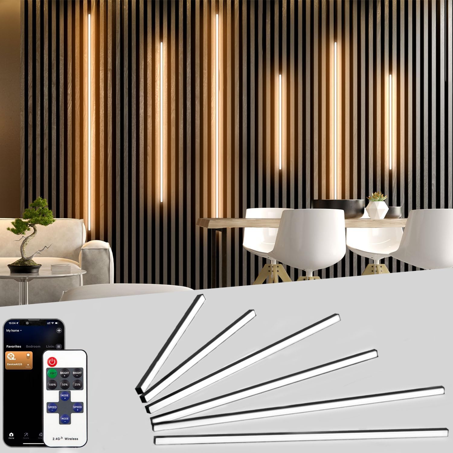 Lichaser Noire Ruban LED pour Panneau Acoustique Bois，40cm*2+55cm*4