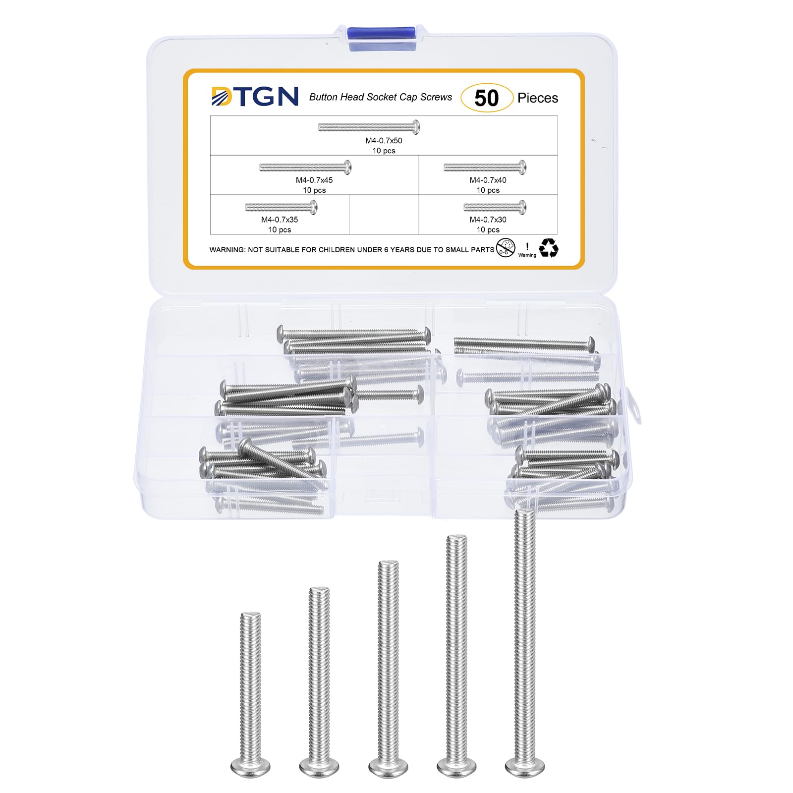 DTGN 50Pcs M4-0.7x30/35/40/45/50mm Button Head Socket Cap Screws - 304 Stainless Steel Bolt Nut Set Washer Assortment Kit - Good for Road Bicycle, Mountain Bike, Auto