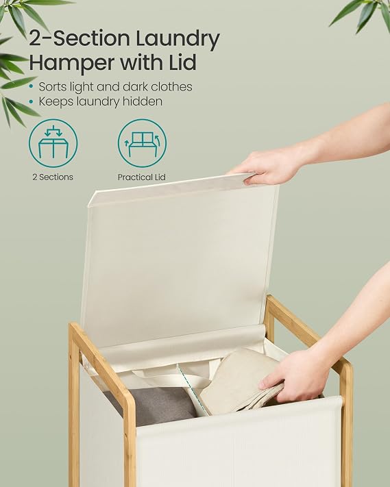 SONGMICS 2-Compartment Laundry Basket, Bamboo Frame, 100 L
