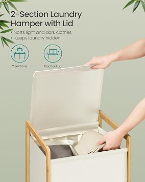 SONGMICS 2-Compartment Laundry Basket, Bamboo Frame, 100 L