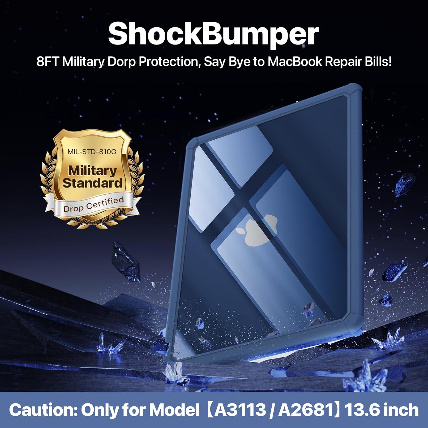 for MacBook Air 13.6 inch Case M4 M3 M2 2025 2024-2022, Model A3240 A3113 A2681 [Profi ShockBumper] [Military Drop Protection] Hard Shell Cover for MacBook Air 13 inch Case - Crystal Midnight