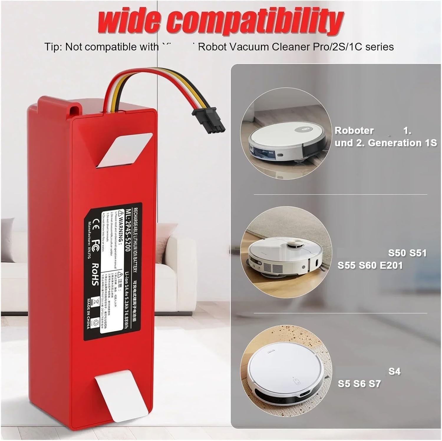 14.4V 5200/6800mah Robot Vacuum Cleaner Lithium Battery Pack, Compatible for Roborock, S50 S51 S52 S53 S55 S60 S4 S5 S6 S7, Vacuum Cleaner Replacement Battery Spare Parts(5200mAh)