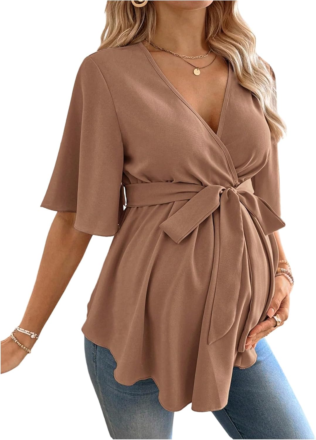 MakeMeChic Women's Maternity Nursing Blouse V Neck Wrap Ruffle Short Sleeve Belted Pregnancy Shirt Business Work Tops