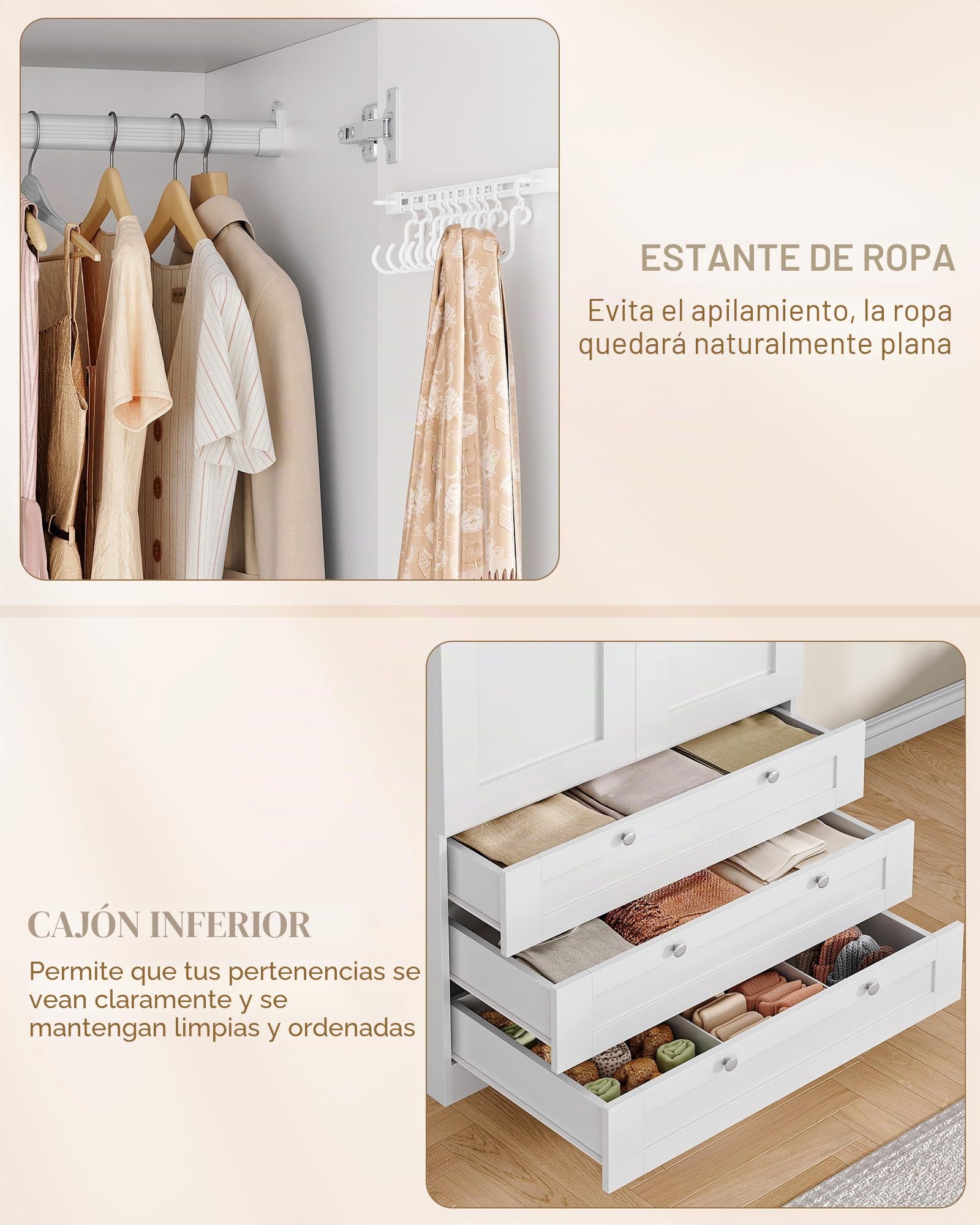 Hzuaneri Armario de 2 Puertas, 50 x 80 x 180 cm, Armarios Dormitorio con 3 Cajones y Perchas, 2 Estantes y Ganchos en Los Laterales de Las Puertas, Estilo Moderno y Minimalista, Blanco BW08803E