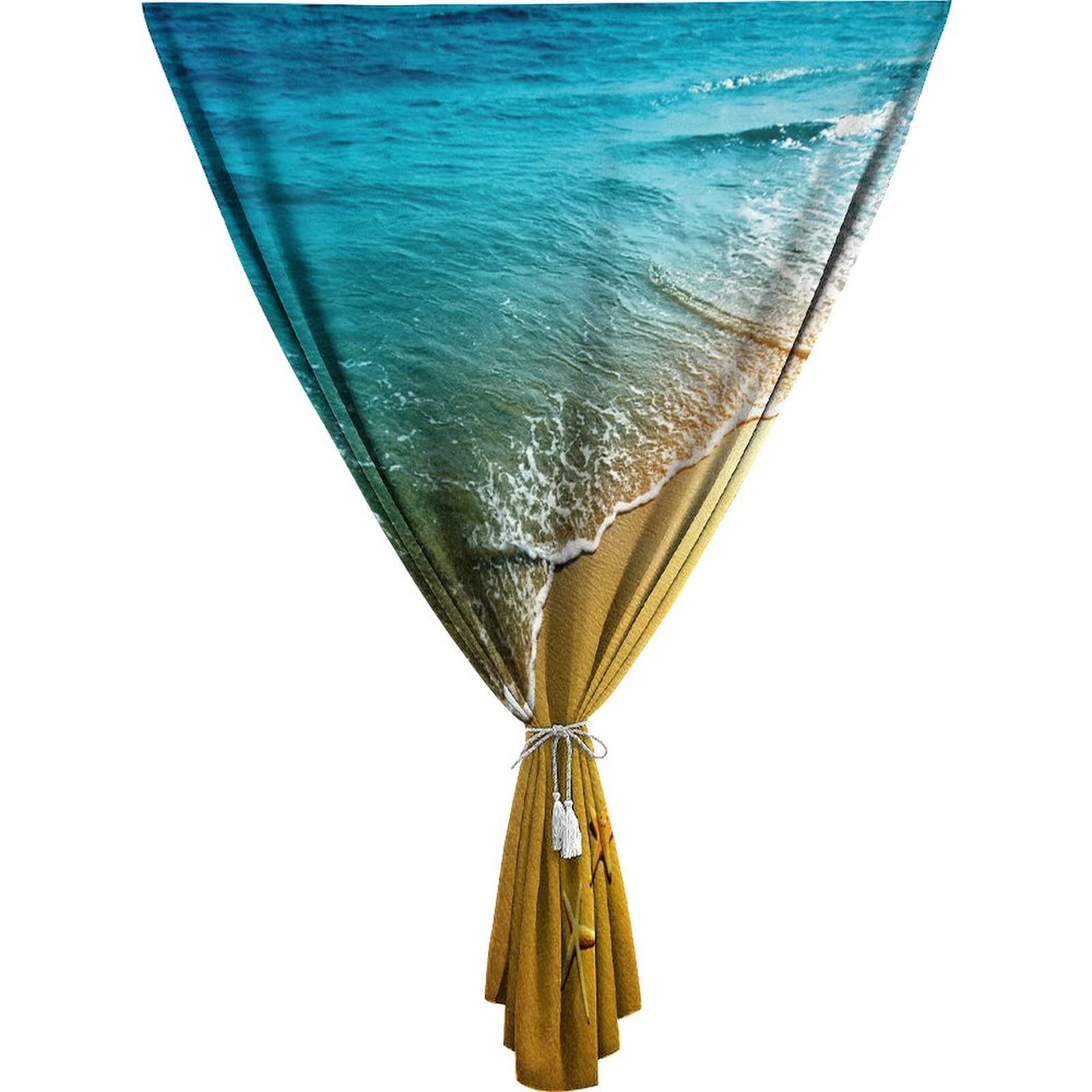 Self Adhesive Portable Blackout Curtains, Starfish Decor Room Darkening Curtains, Summer Sunset Sand Sea Waves Calm Print Temporary Blackout Blinds,