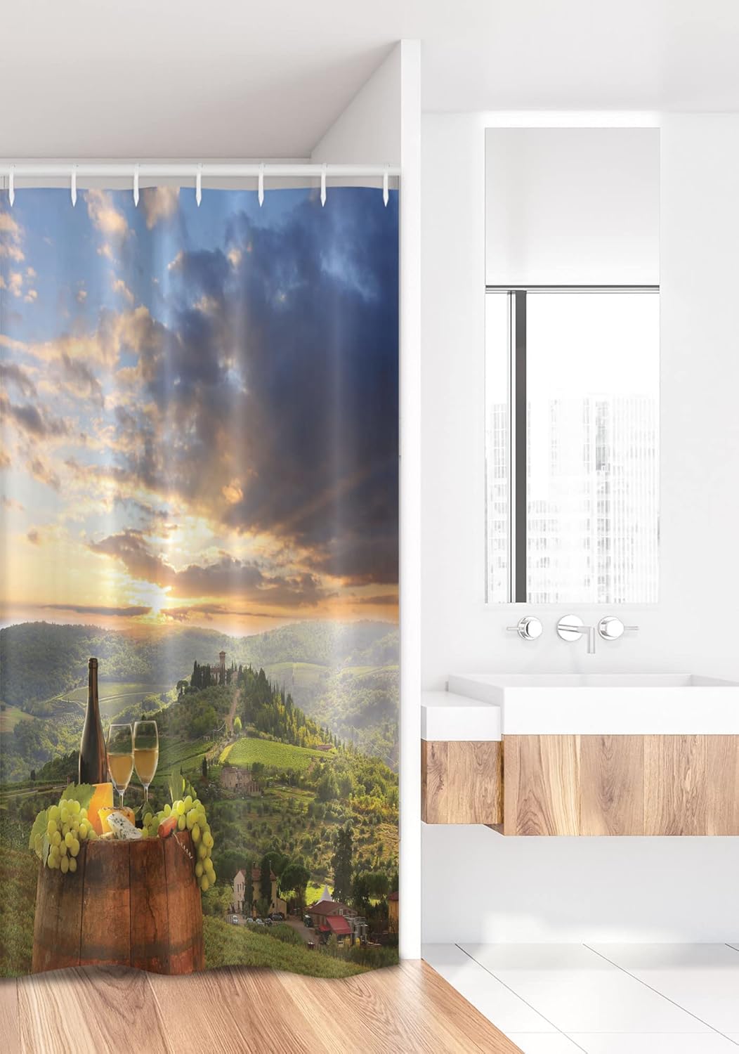 Ambesonne Winery Stall Shower Curtain, Vineyard in Chianti Tuscany Italy Autumn Sunrise Dramatic Clouds, Fabric Bathroom Decor Set with Hooks, 36" W x 72" L, Lime Green