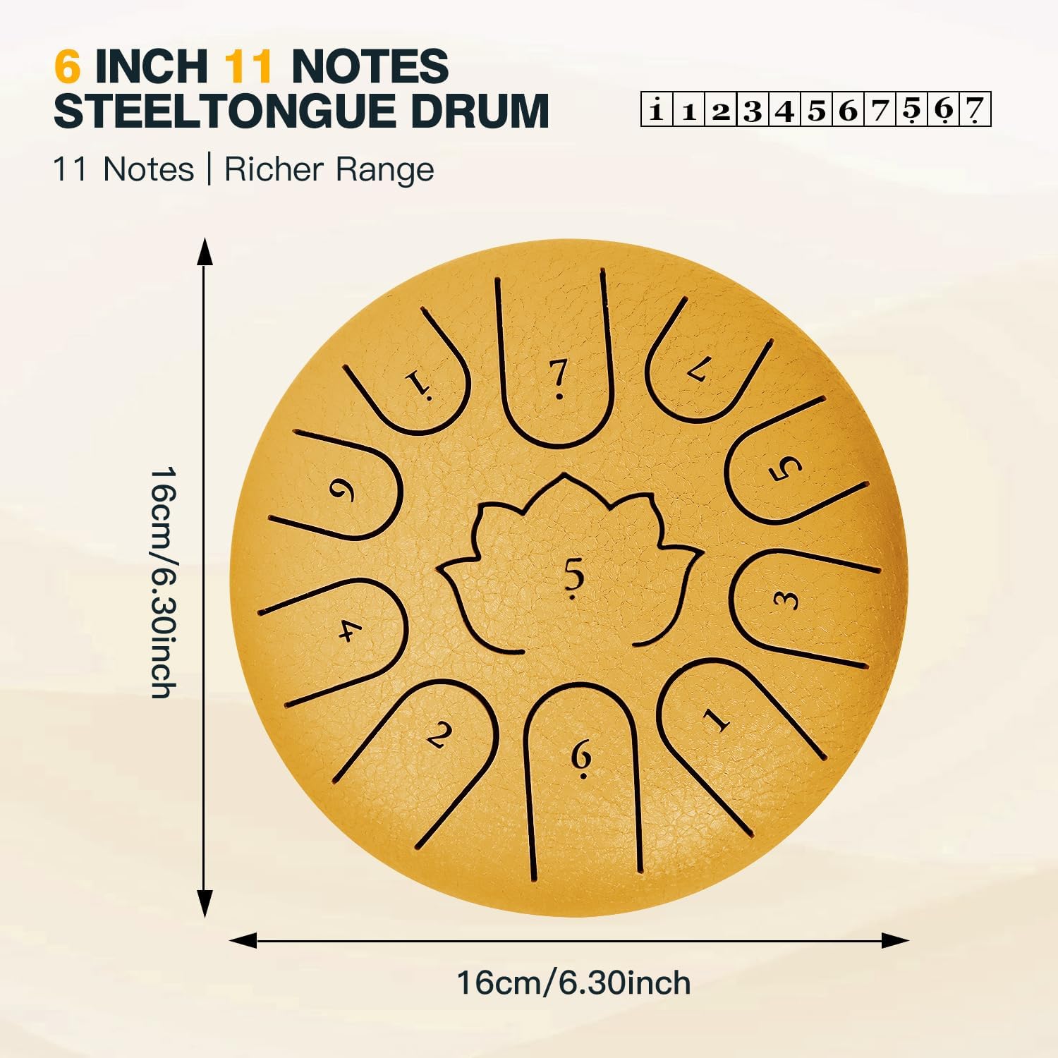 Rain Drum for Outside Garden,6 Inch 11 Note 440Hz Steel Tongue Drum C Major, Steel Drum for Kids & Adults, Music Education & Meditation Drum for Patio&Backyard, with Mallets, Bag & Book(Gold)
