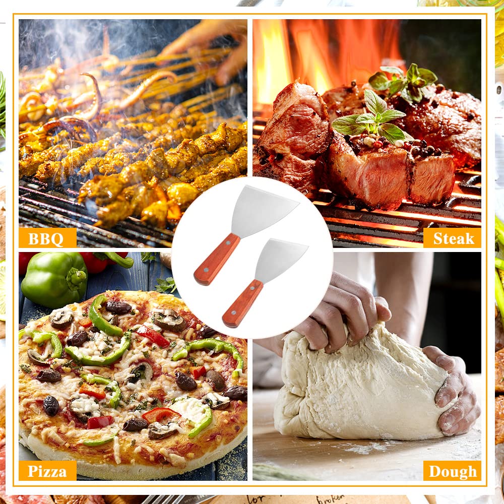 THATSRAD 2 PCS Spatule Inox Manche en Bois Spatule Barbecue Plancha Grattoir Plancha Inox Spatule Plancha Inox Teppanyaki Spatule pour Barbecue Pizza Steak 20,5*10 cm, 20,5*7,5 cm,1 mm d'Épaisseur