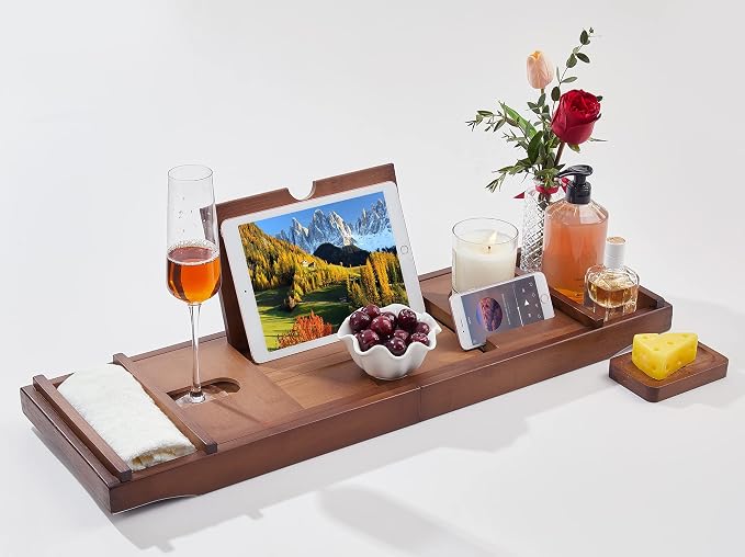 Headley Tools Bathtub Tray, Expandable Bath Tray with Wine and Book Holder - Bathtub Caddy for Luxury Bath, Adjustable Bath Tray for Tub-Great Gift for Women/Men (Brown Color)