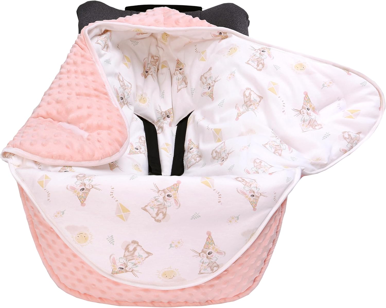 LAT Car seat Blankets for Babies, Universa Newborn Swaddle Wrap Blanket, Double Sided Cotton/Plush Winter Cover and Stroller Bunting Bag,Baby Footmuff(Hat Bunny+Pink)