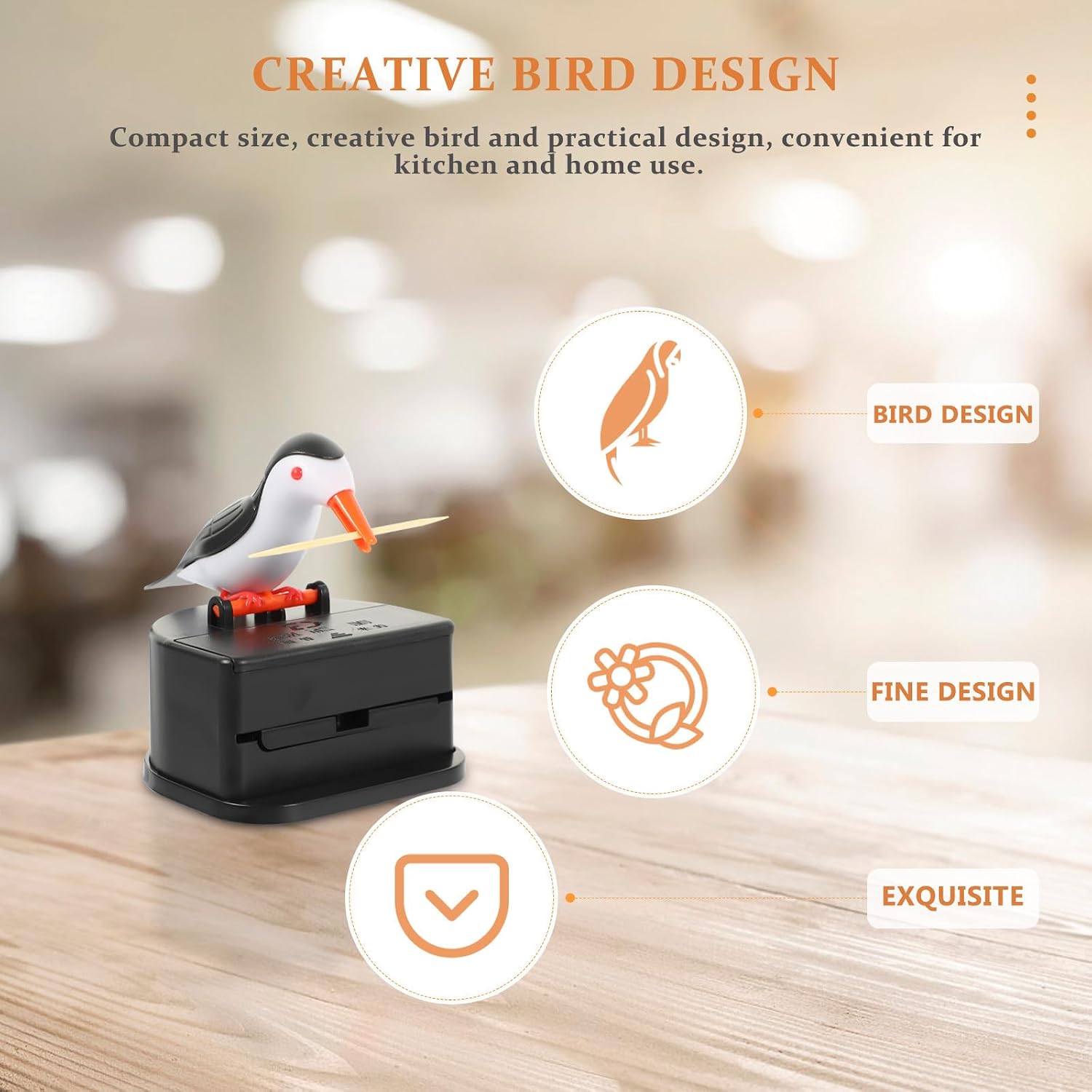 SECFOU Bird Toothpick Dispenser Box, Black ABS Automatic Press Organizer image 4