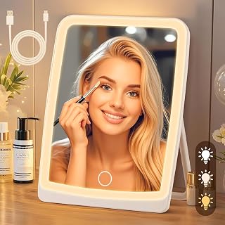 Stelliferous Makeup Mirror with Light | Travel Vanity Mirror with 3 Colour Lights | Portable Mirror with Stand | USB Recha Price In India
