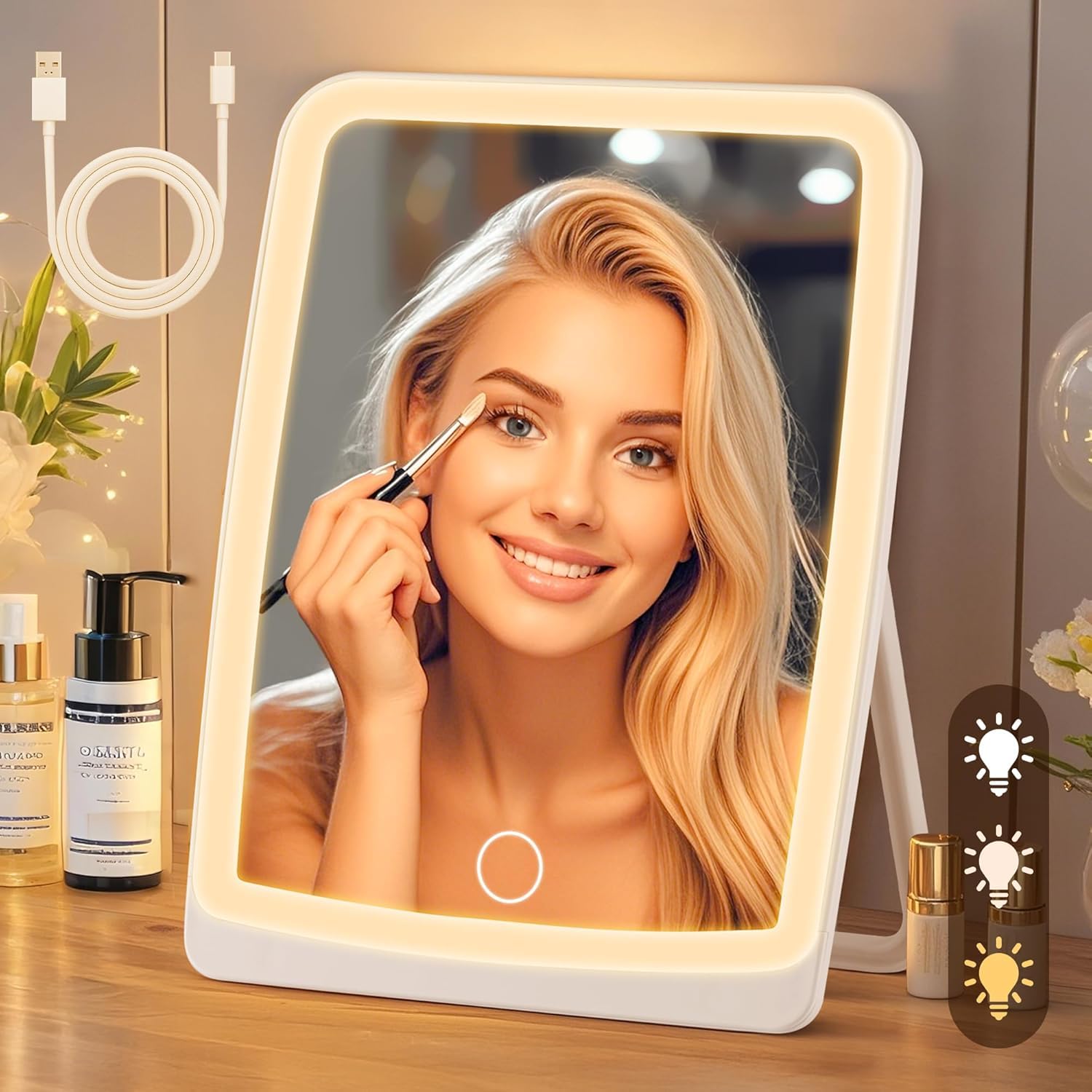 Makeup Mirror with Light | Monochromatic Vanity Mirror with Adjustable Lighting | Portable Travel Mirror with LED & USB Rechargeable | Cute Mini LED Mirror (White)