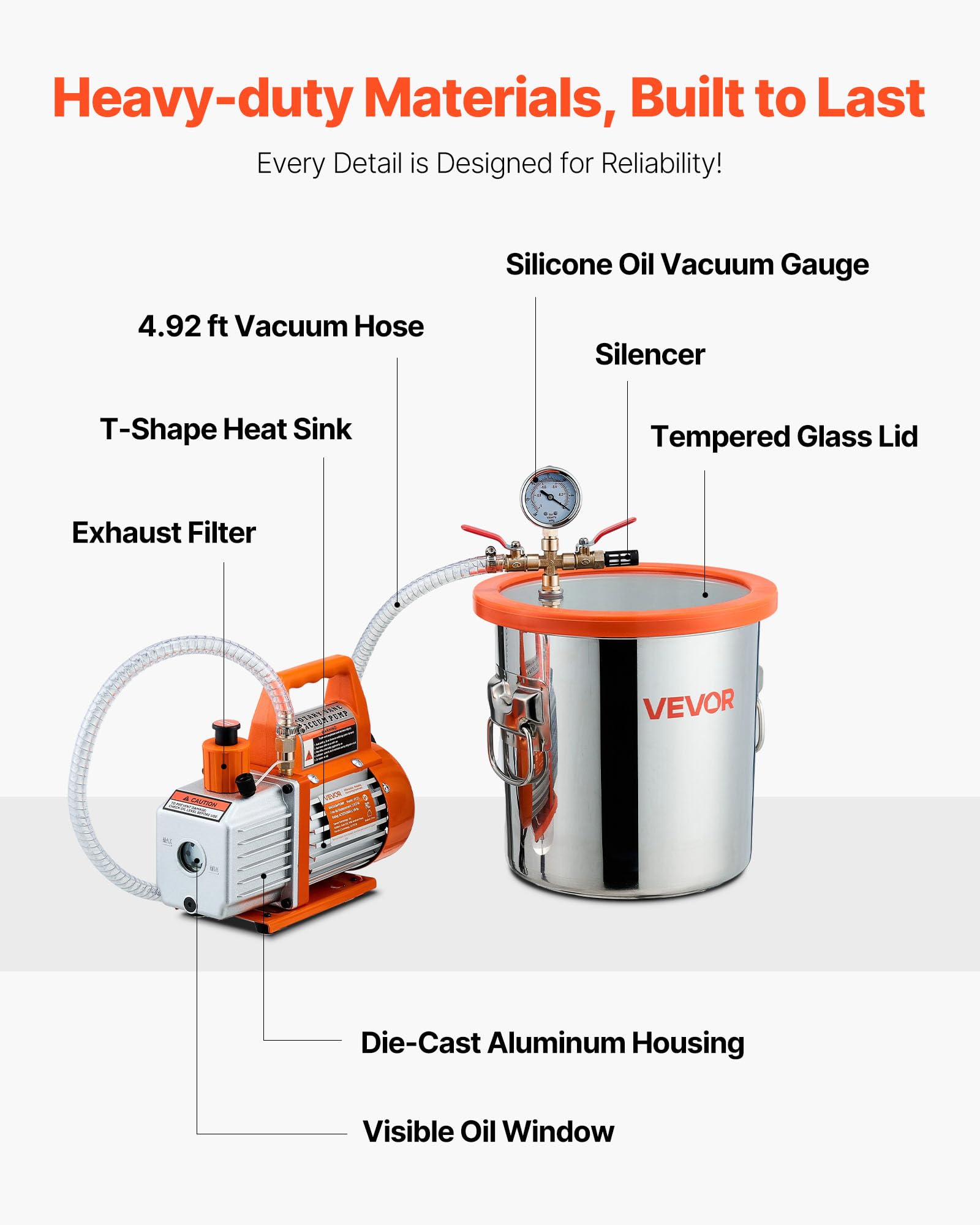 VEVOR 11,36 L Vakuumkammer mit Pumpe, 99 L/min, Edelstahl, Entgasungskammer-Kit, einstufig, Deckel aus gehärtetem Glas, 1,5 m Schlauch, zur Stabilisierung von Holzentgasungs-Silikonharz