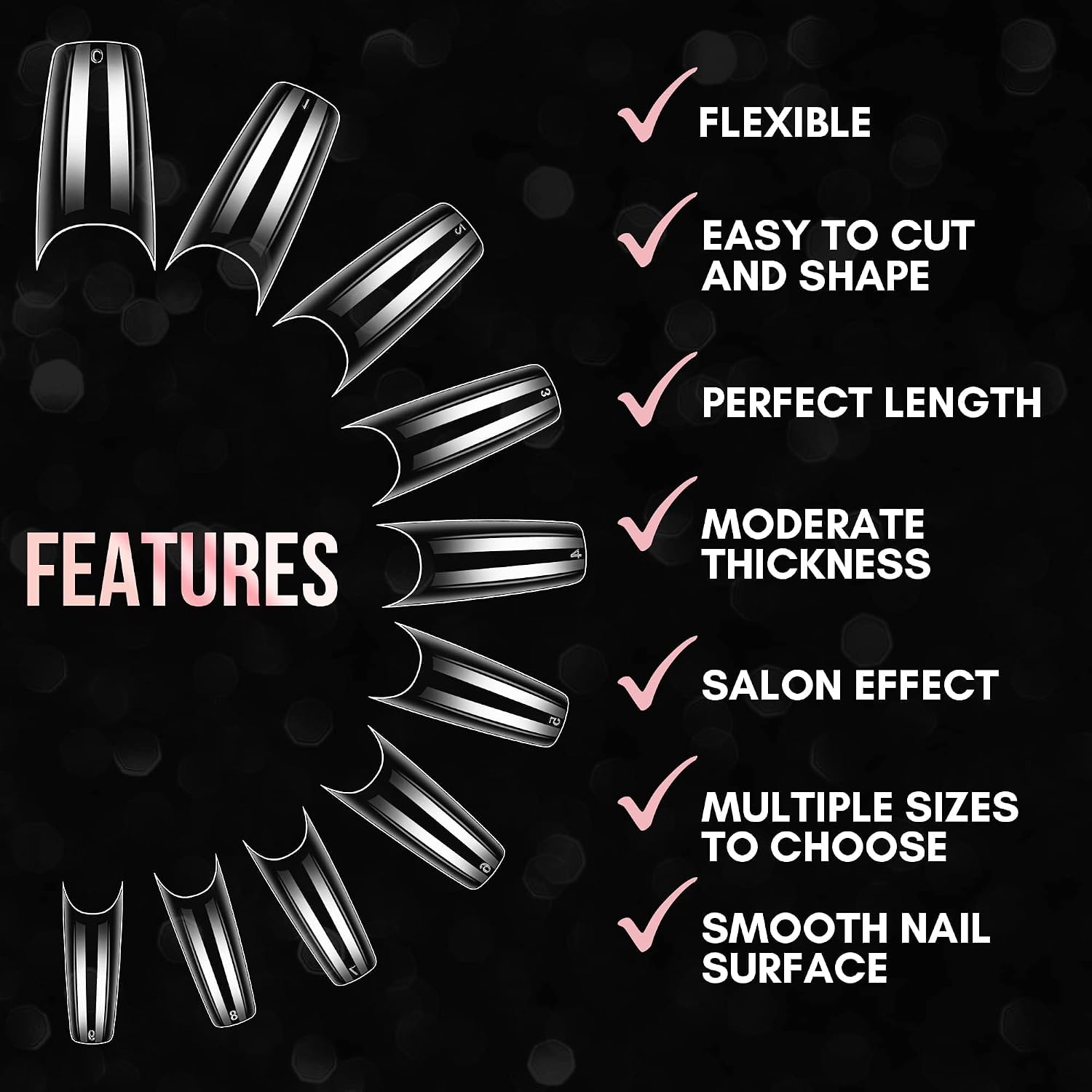 Professional French Nail Tips, 500 Pieces Clear Half Cover False Tips, 10 Sizes 21-31mm Width, Flexible Smooth Surface for Gel Acrylic Extensions, Pre-Numbered Design