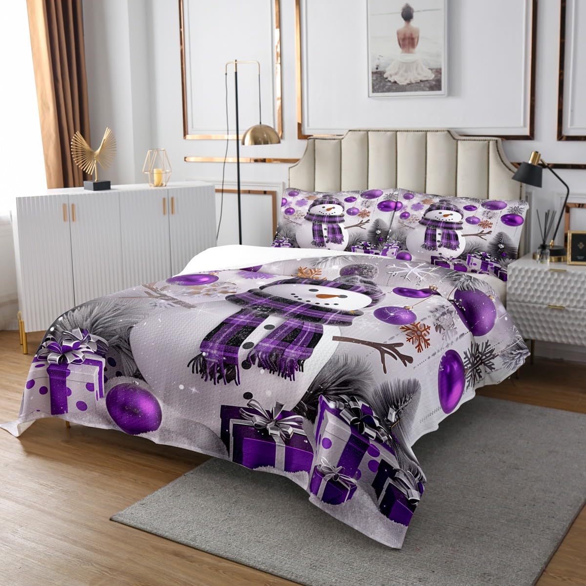Erosebridal Purple Xmas Quilt Set King Size Snowman Winter Themed Bedspread for Boys Girls Kids Merry Christmas Coverlet Set Happy New Year Bed Set Christmas Decorations Bedding
