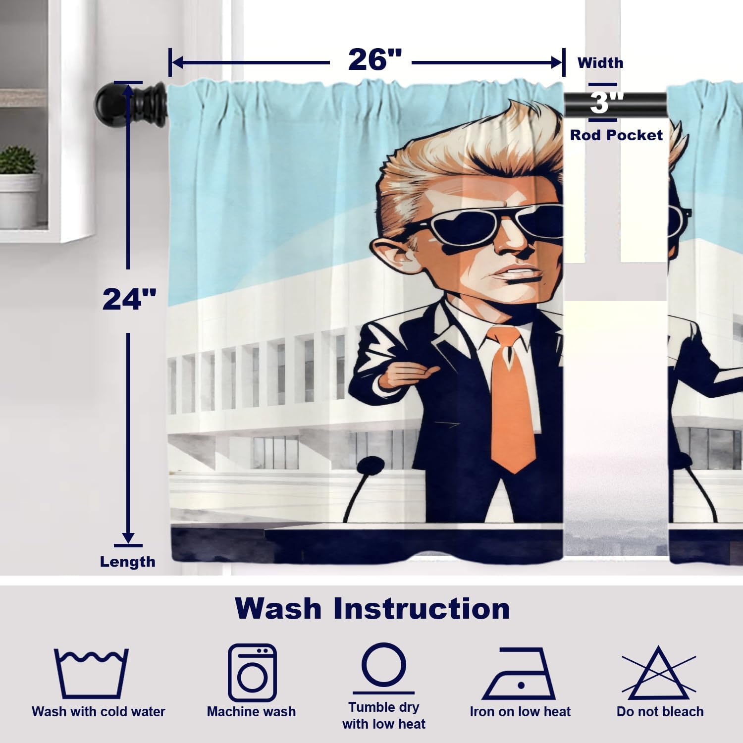 Batmerry American Election Men Tier Curtains, The White House Trees Yellow Hair Window Treatment Short Kitchen Curtain Multilayer Polyester Blackout for Living Room/Bathroom, 2 Pack 26x24 inches