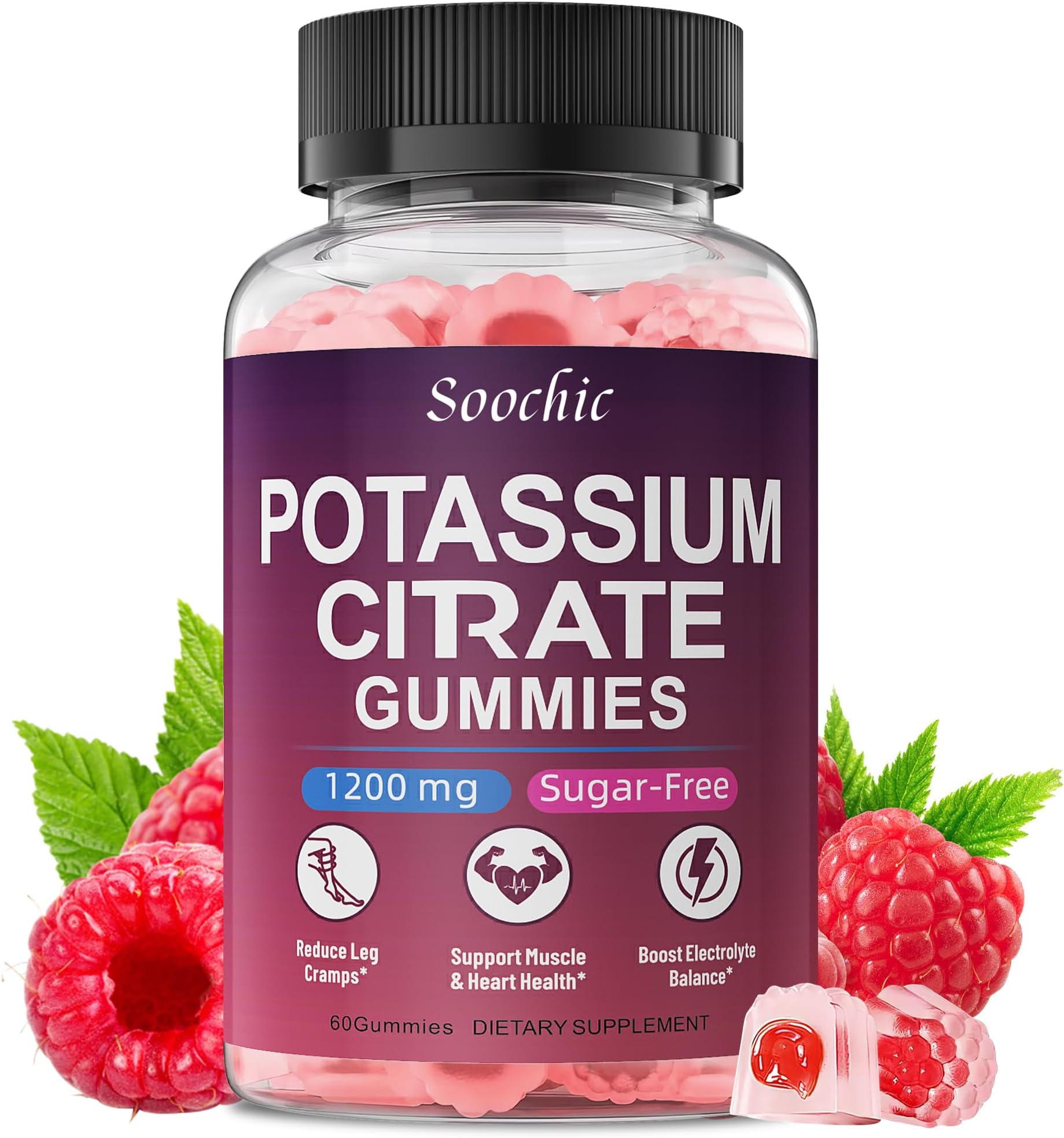 Potassium Citrate Gummies - 1200mg Chewable Potassium Supplement for Men & Women - Supports Leg Cramps & Muscle Health - Vegan, Gluten Free, Sugar Free - Raspberry Flavor (60 Count)