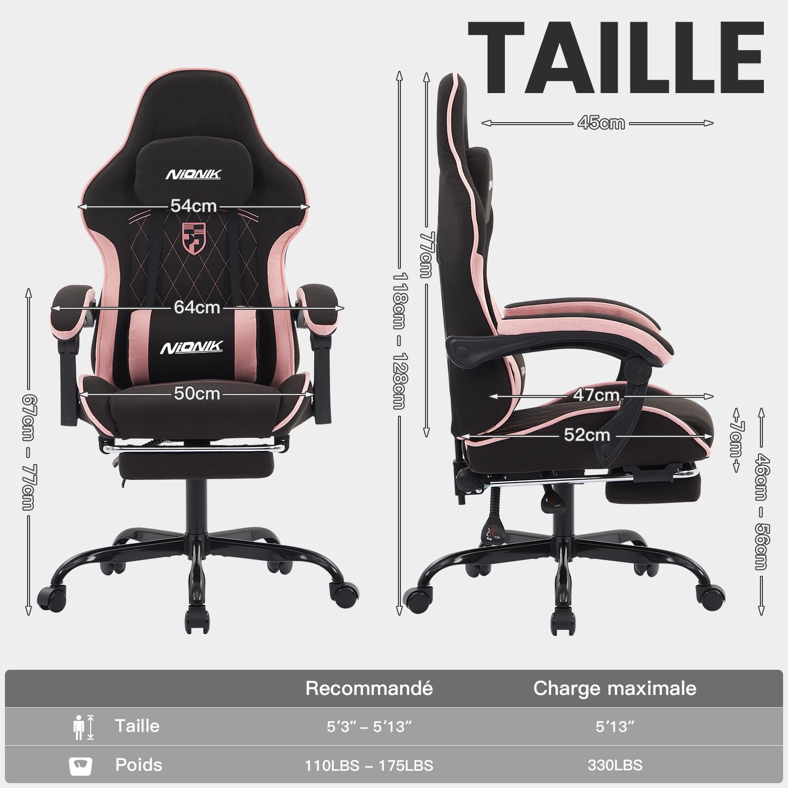 Massage Chaise Gaming Tissu Respirant avec Coussin Lombaire Massant