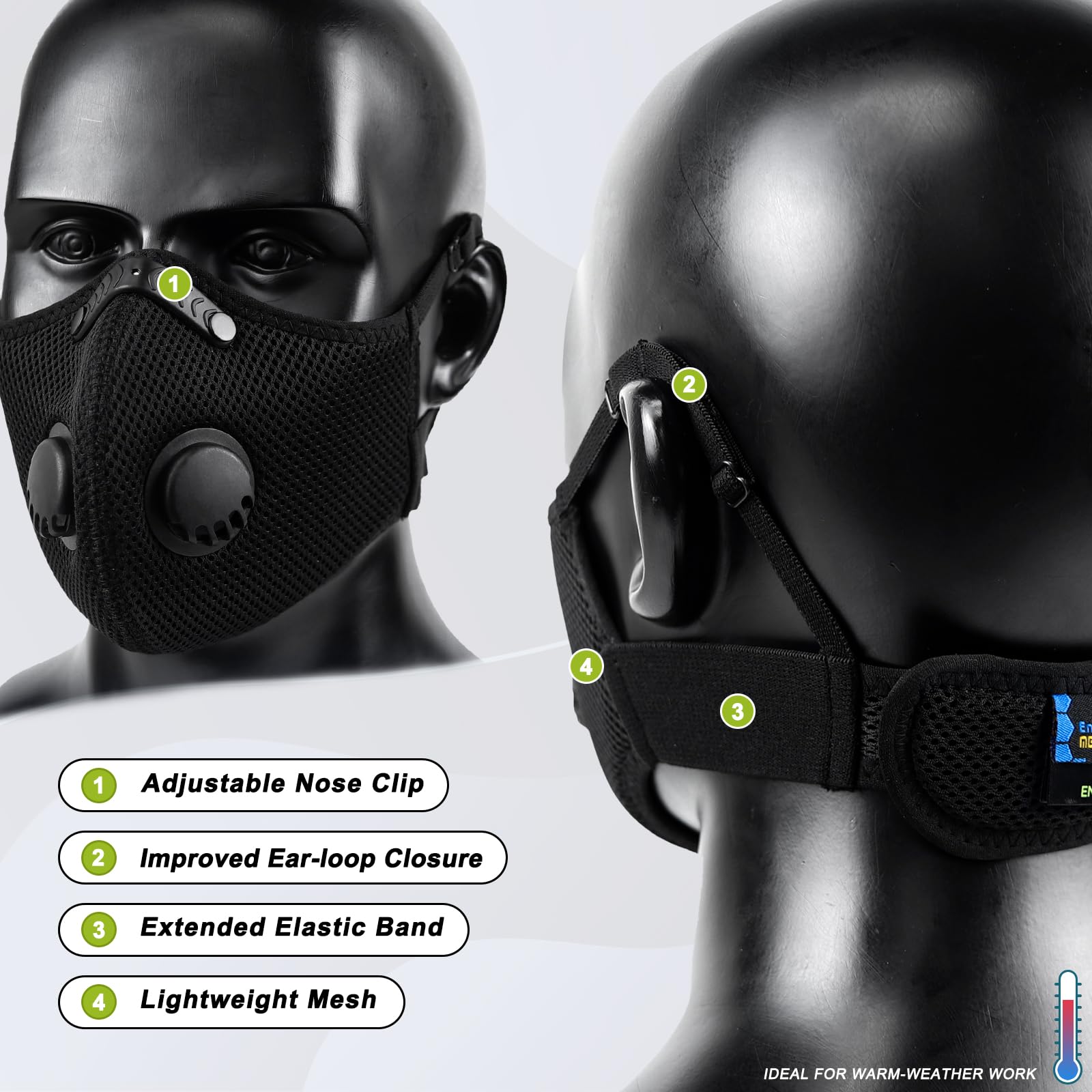 BASE CAMP M Plus Masque Anti-Poussière FFP2 NR - Lavable avec 6 Filtres à Charbon Actif pour Menuiserie, BTP, Meulage