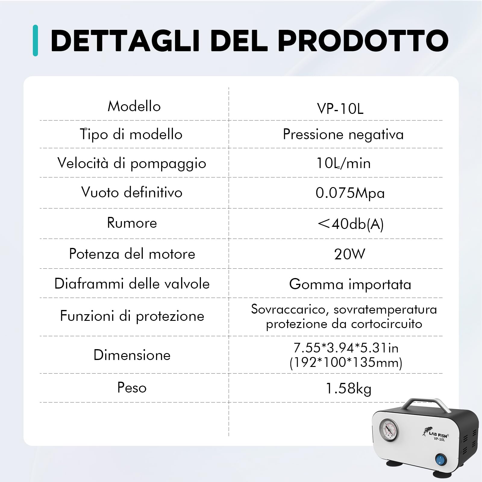 LAB FISH Pompa a Vuoto Portatile Senza Olio, Pompa a Membrana 10L/min 0,075Mpa per Laboratorio con Tubo di Gomma