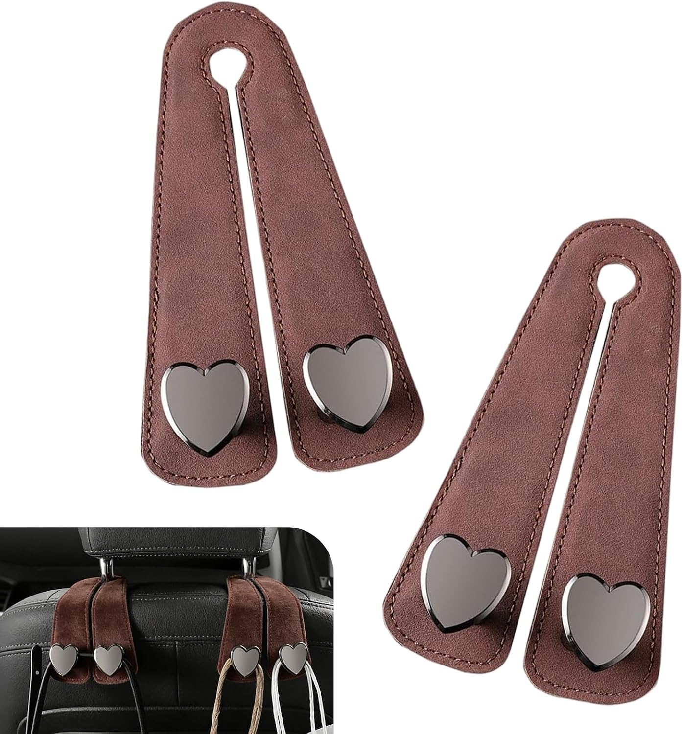 2 PCS Car Seat Backpack Hooks, Alloy High Load-bearing Seat Headrest Double Hooks, 2-in-1 Multifunctional Storage Hangers Phone Holder, Universal for Most Cars (Brown)