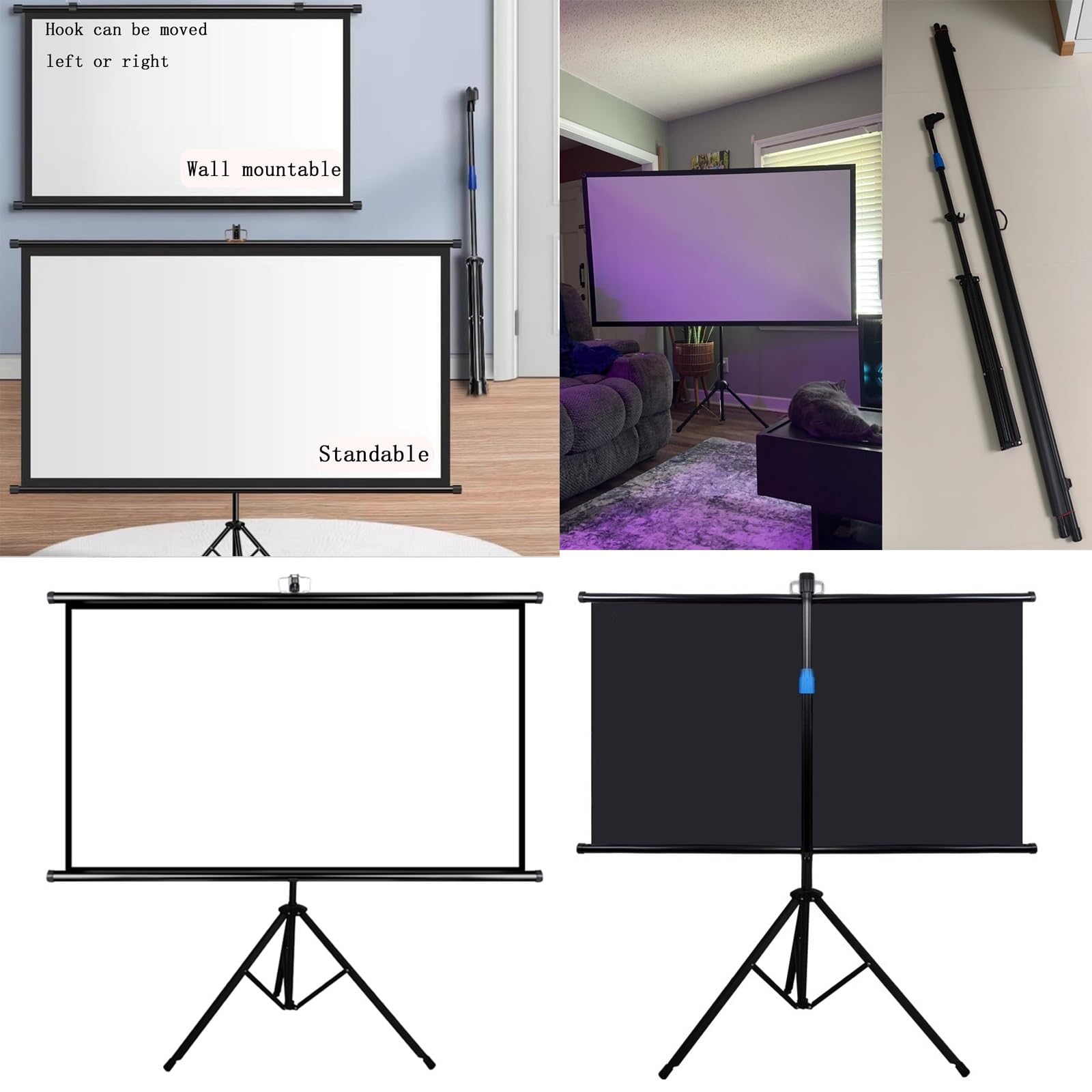 60 Pollici 72 Pollici Telo Proiettore - con Supporto, Avvolgibile, 4:3/16:9 HD 4K Schermo per Proiettore, Telo per Videoproiettore, per Casa Ufficio Eventi all`Aperto Teatro(4:3,60in)