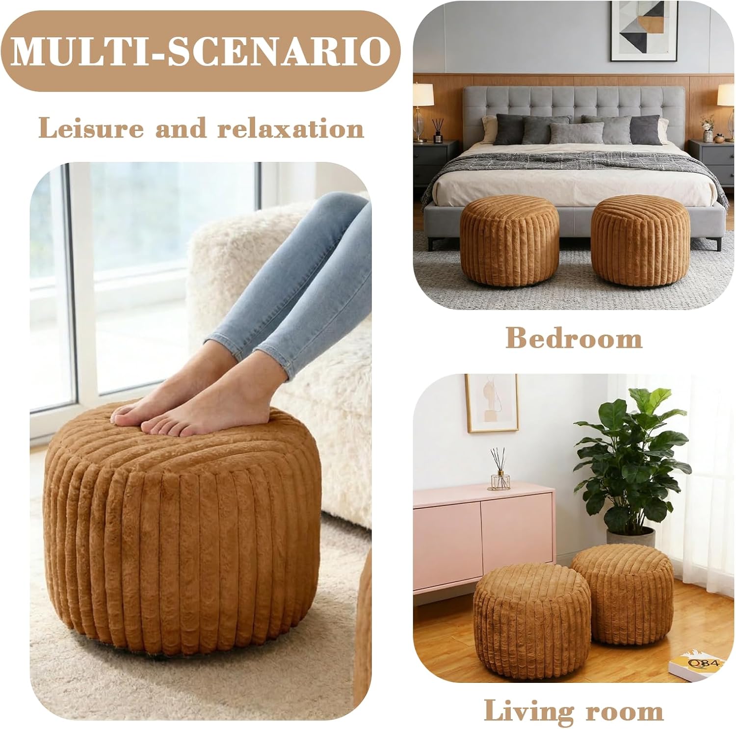 2 Pcs 20 x 15 Inch Unstuffed Pouf Cover Ottoman Foot Rest - No Filler, Faux Rabbit Fur Foot Stool Floor Bean Bag Floor Chair Storage for Home Decor Bedroom Living Room (Brown)