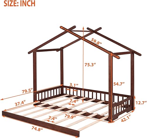 Miniatura 2 de Marco de cama de madera de tamaño individual con cama extragrande extensible, plataforma de suelo con techo y barandilla en forma de valla, no
