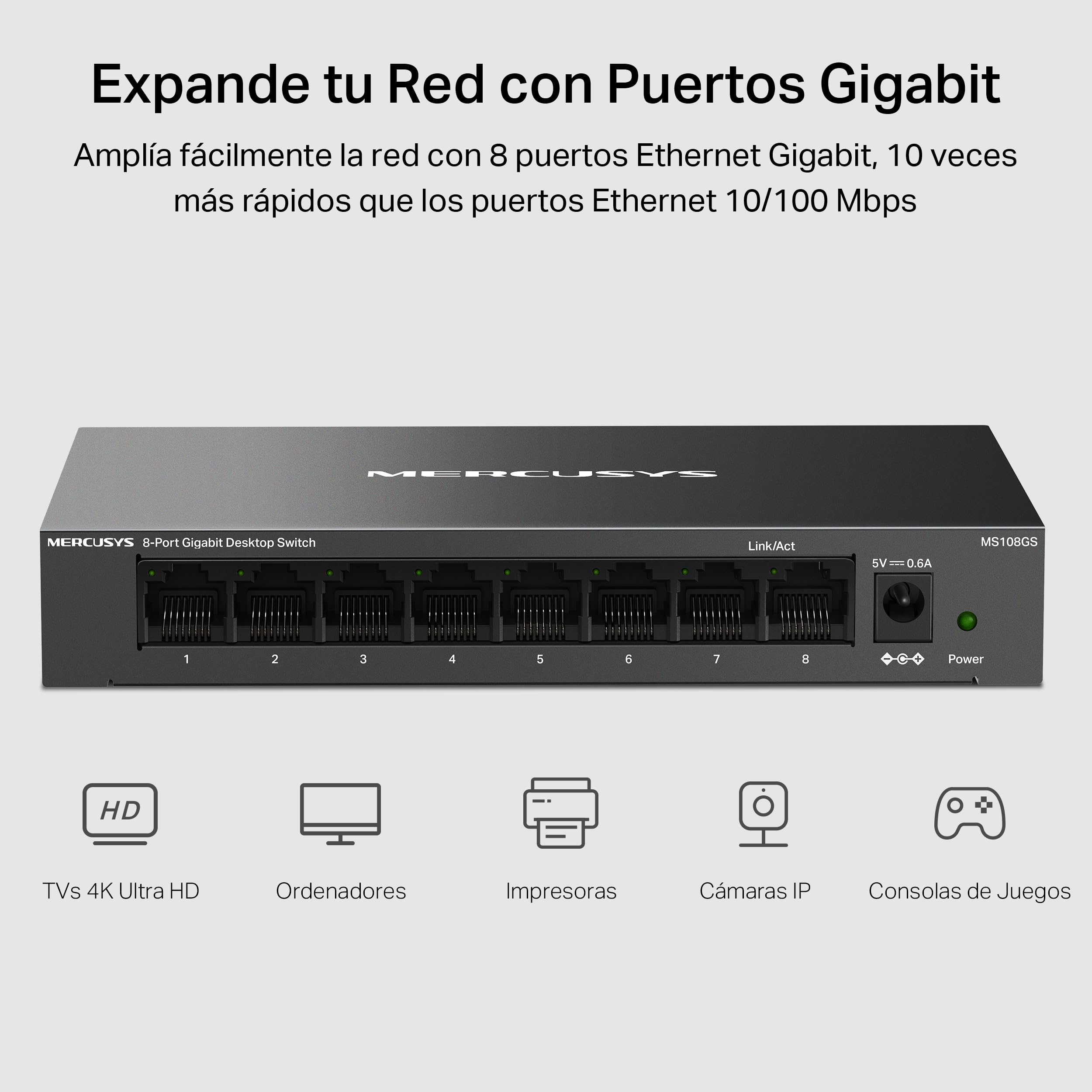 Mercusys MS108GS - Switch Gigabit de 8 Puertos, Caja de Metal Duradero, Conectar y Usar, Ahorro de Energía