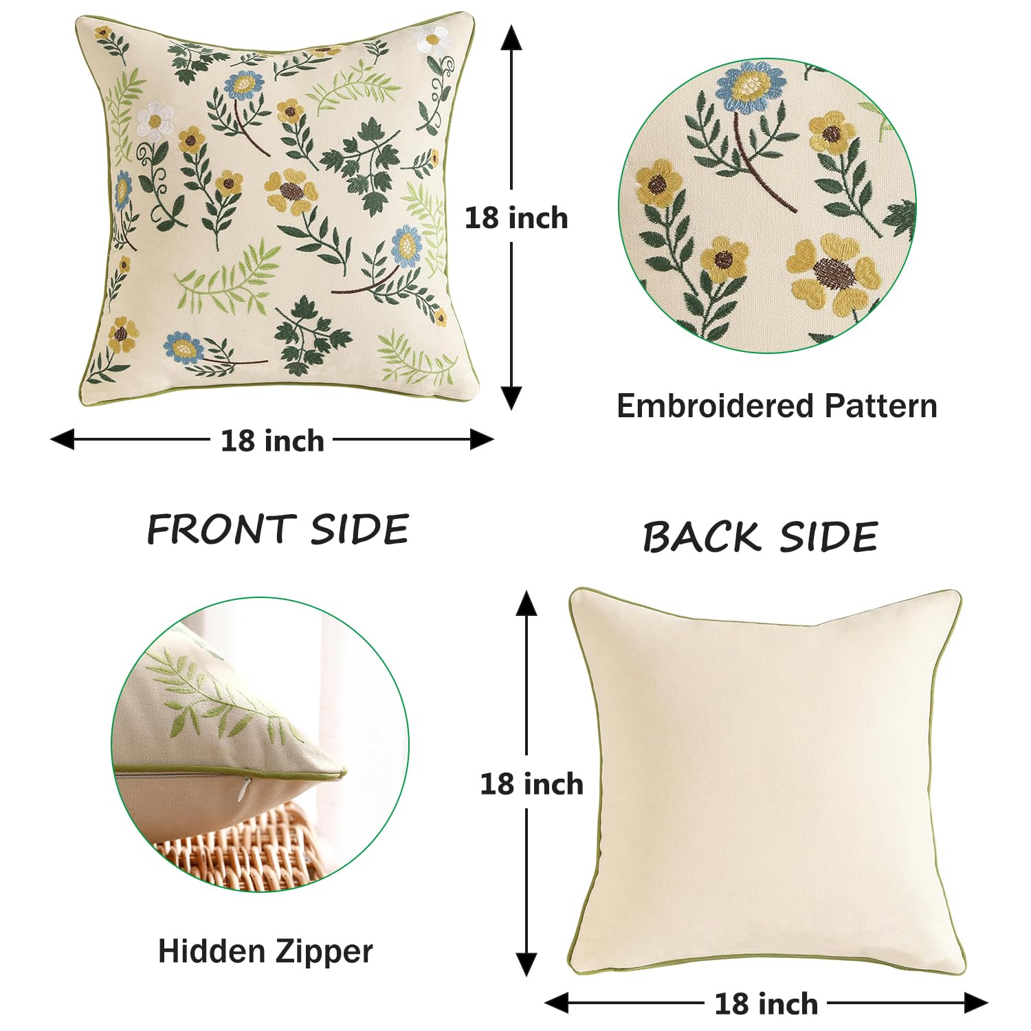 Tosleo Pack of 2 Spring Pillowcases 18x18 inch Embroidered Throw Pillow Covers Green Leaf Small Crushed Flower Farmhouse Pillow Cushion Cases Home Decor Square Floral Pillow Case - Image 2