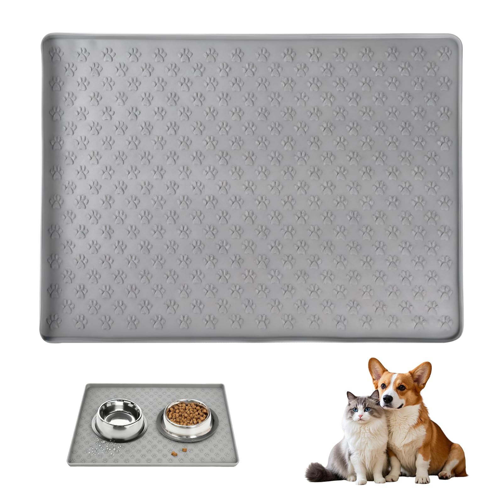 Cat & Dog Feeding Mat, Non-Slip Silicone Pet Food Mat18.9x11.8in, Grey