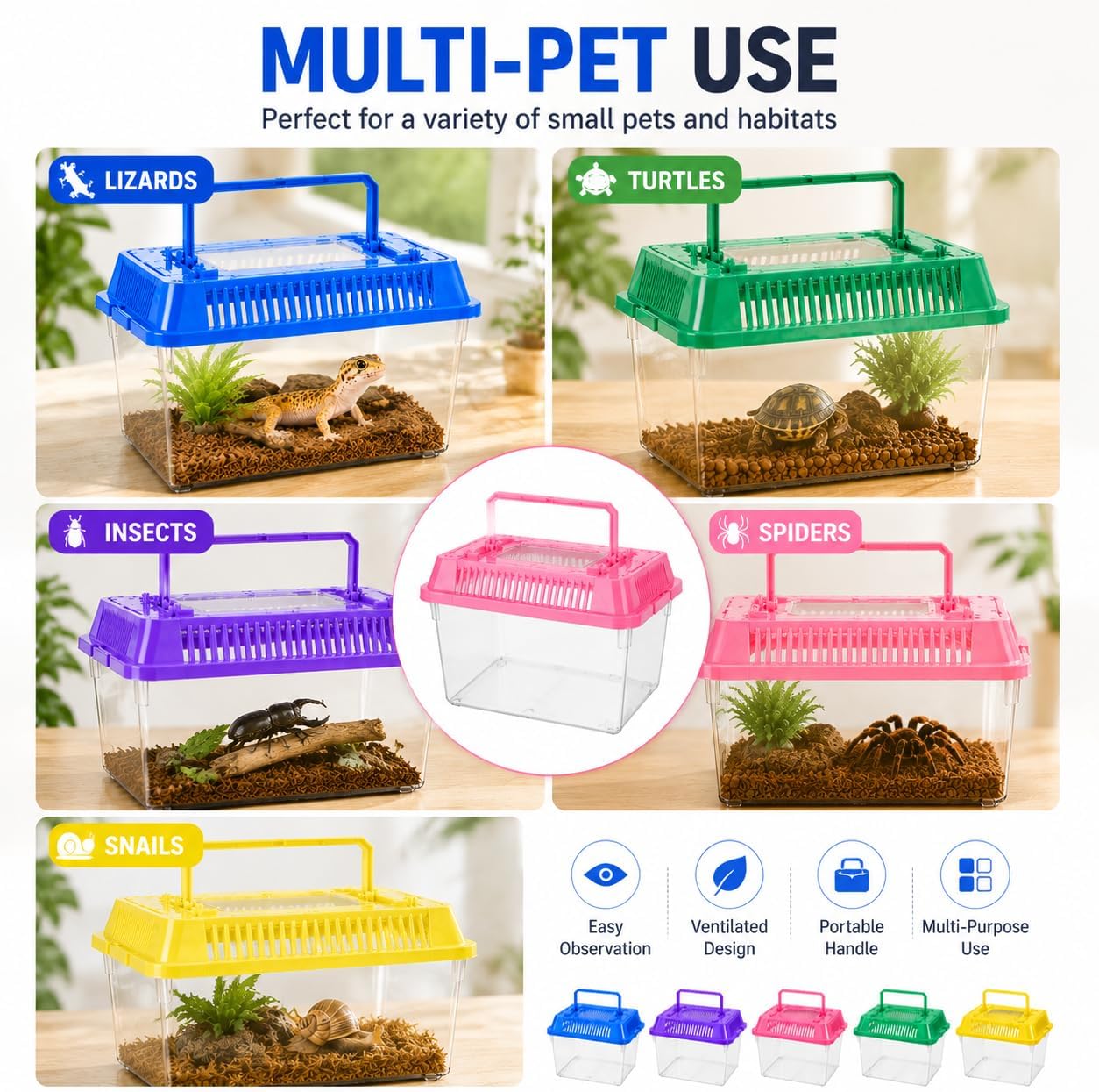 25 Pack Small Reptile Carrier Boxes, 5.9 x 4.3 x 3.7 in | Bulk Plastic Terrarium Set, Ventilated Lids, For Breeding, Hatching, Transport