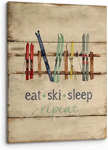 Eat Sleep Ski Repeat - Arte de pared, estilo rústico de invierno, vacaciones, deportes, trineos de esquí, impresión vintage, lienzo enmarcado, obra Eat Sleep Ski Repeat - Arte de pared, estilo rústico de invierno, vacaciones, deportes, trineos de esquí, impresión vintage, lienzo enmarcado, obra