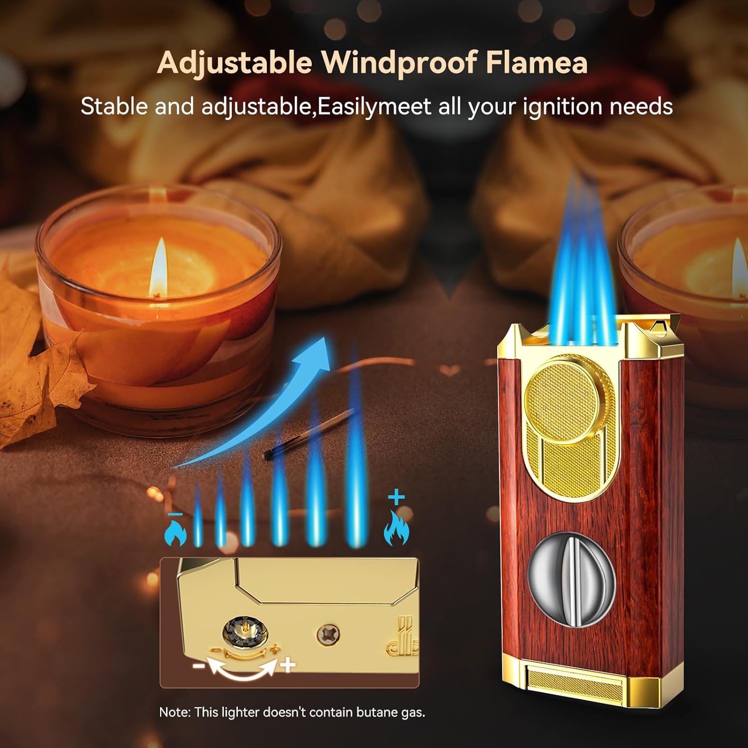 All-in-One Triple Torch Lighter, Built-in V Cutter, Holder, Adjustable Windproof Jet Flames Lighter, Refillable Butane Design, Ideal Gift for Men with Gift Box (Butane not Included)