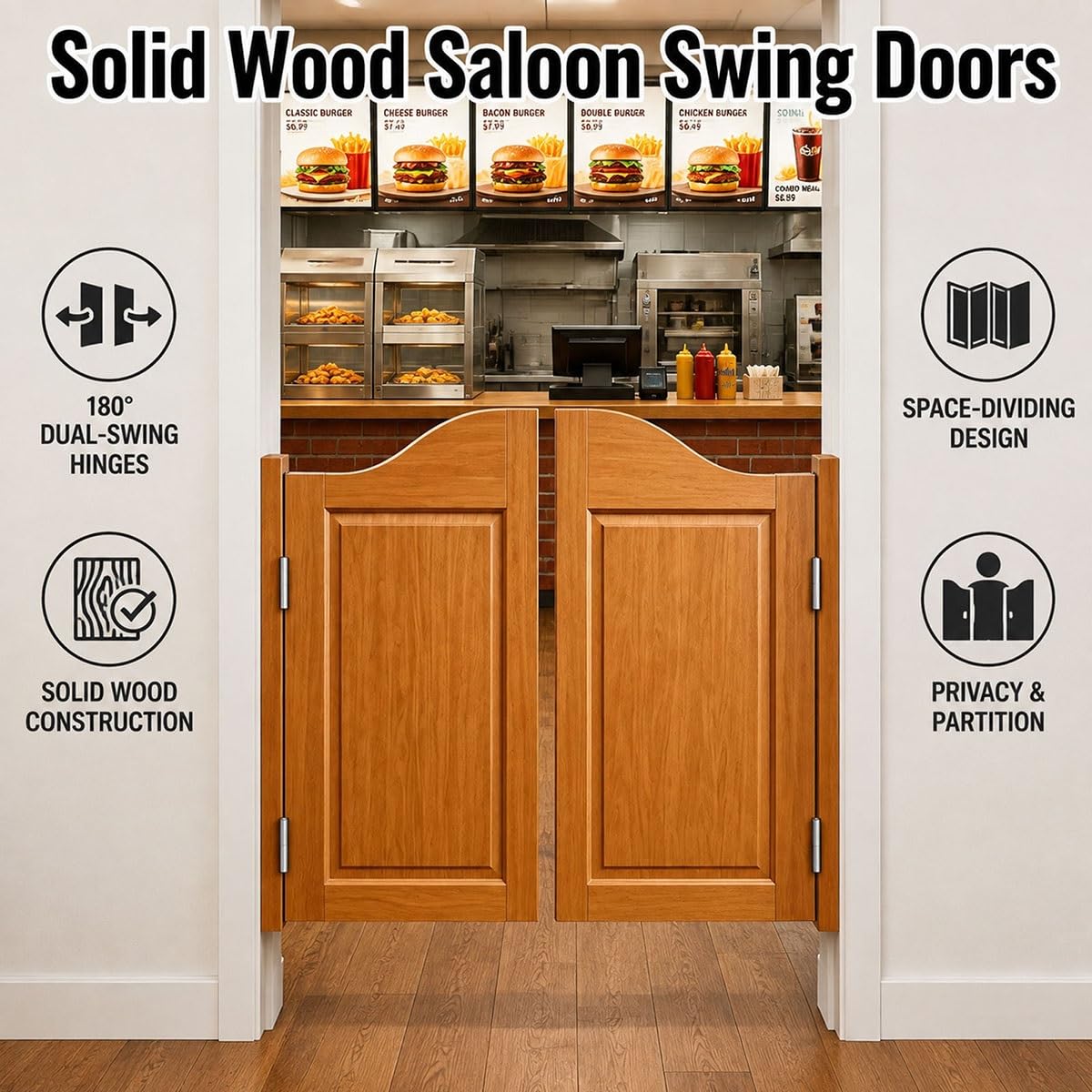 Générique Porte Saloon en Bois Porte Battante de Bar, Style Western Cowboy Porte de Séparation Intérieure, Fermeture Automatique Porte de Café pour Escalier Salle de Bain Cuisine