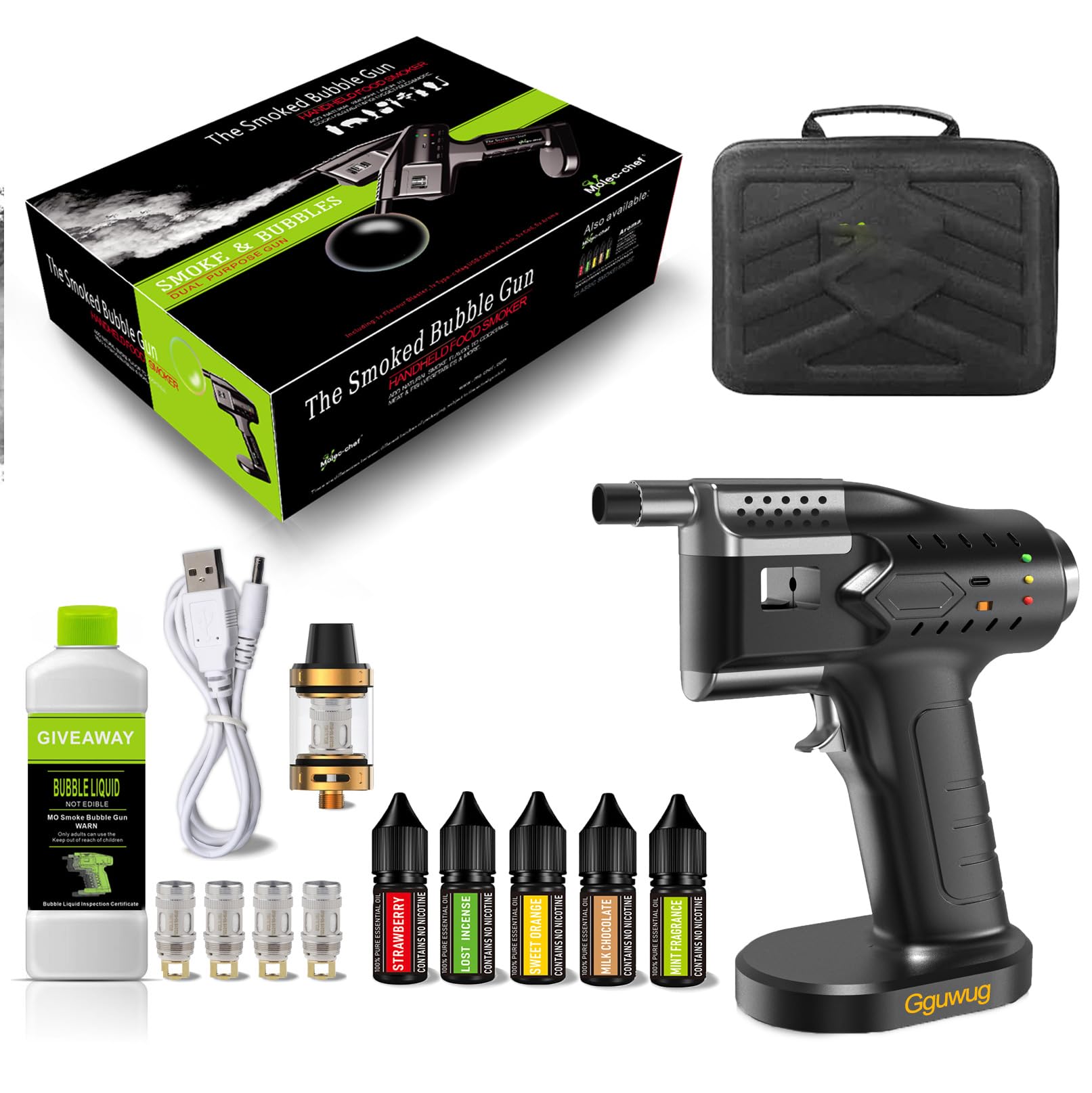 affumicatore cocktail pistola cocktail bolle di fumo pistola handheld food smoking Cavo di Ricarica USB con 5 essenze da 10 ml,Strumento Generatore di Fumo di qualità come barbecue, picnic