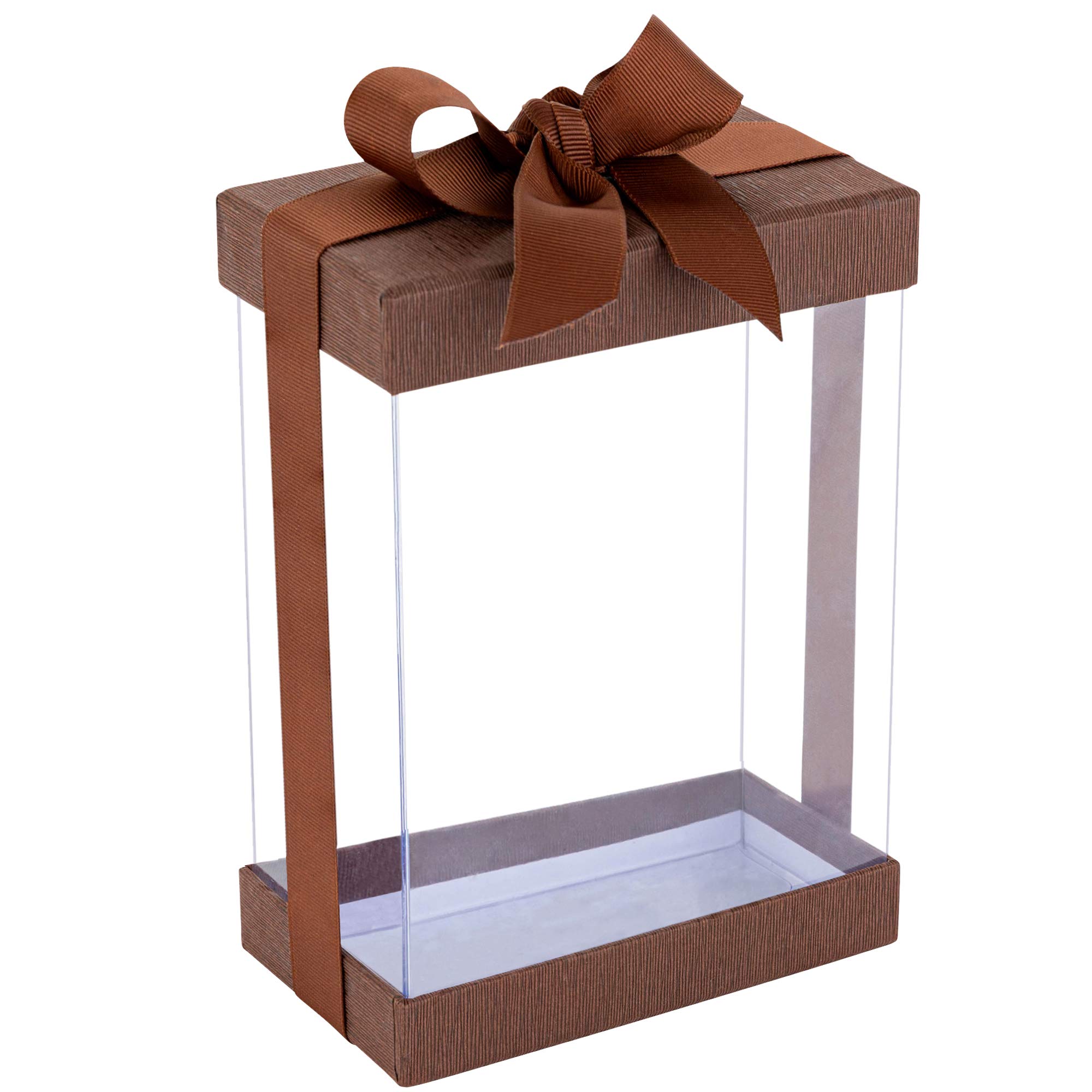 Hammont Clear PVC Gift Boxes (6 Pack) Bakery Boxes with Base, Lid & Ribbon | For Cakes, Pastries, Cookies, Cupcakes & Party Favors (Brown, 7x5x3”)