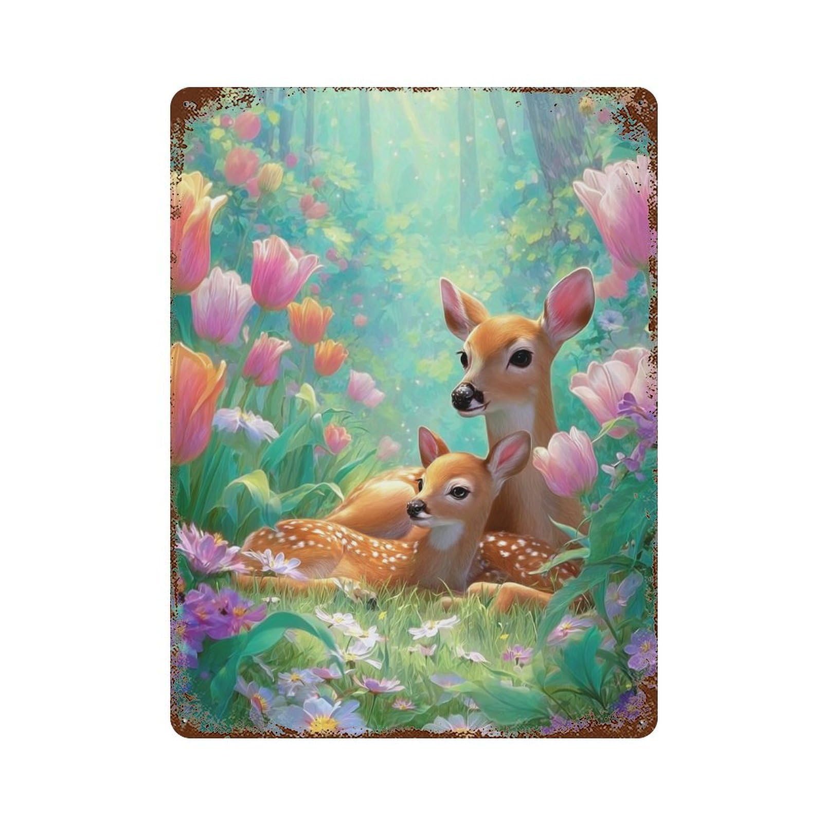 Deer in Flower Garden Rust Effect Tin Sign 15.7"x11.8", Novelty Wall Decor for Patio, Garden Room And Bar Decor