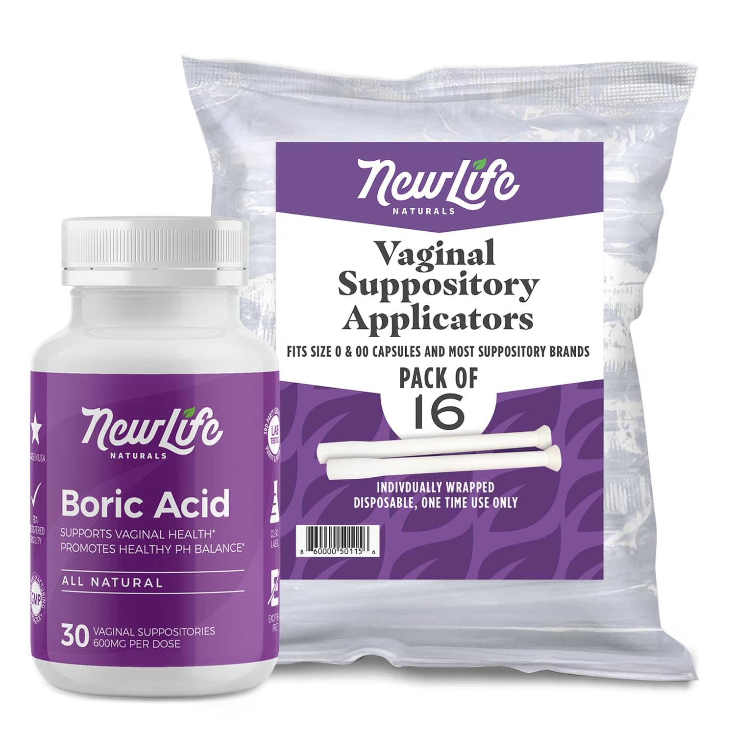 NewLife Naturals Boric Acid Vaginal Suppositories 600mg (30 Pack) with 16 Applicators - for pH Balance, Feminine Health and Intimate Wellness - Made in USA