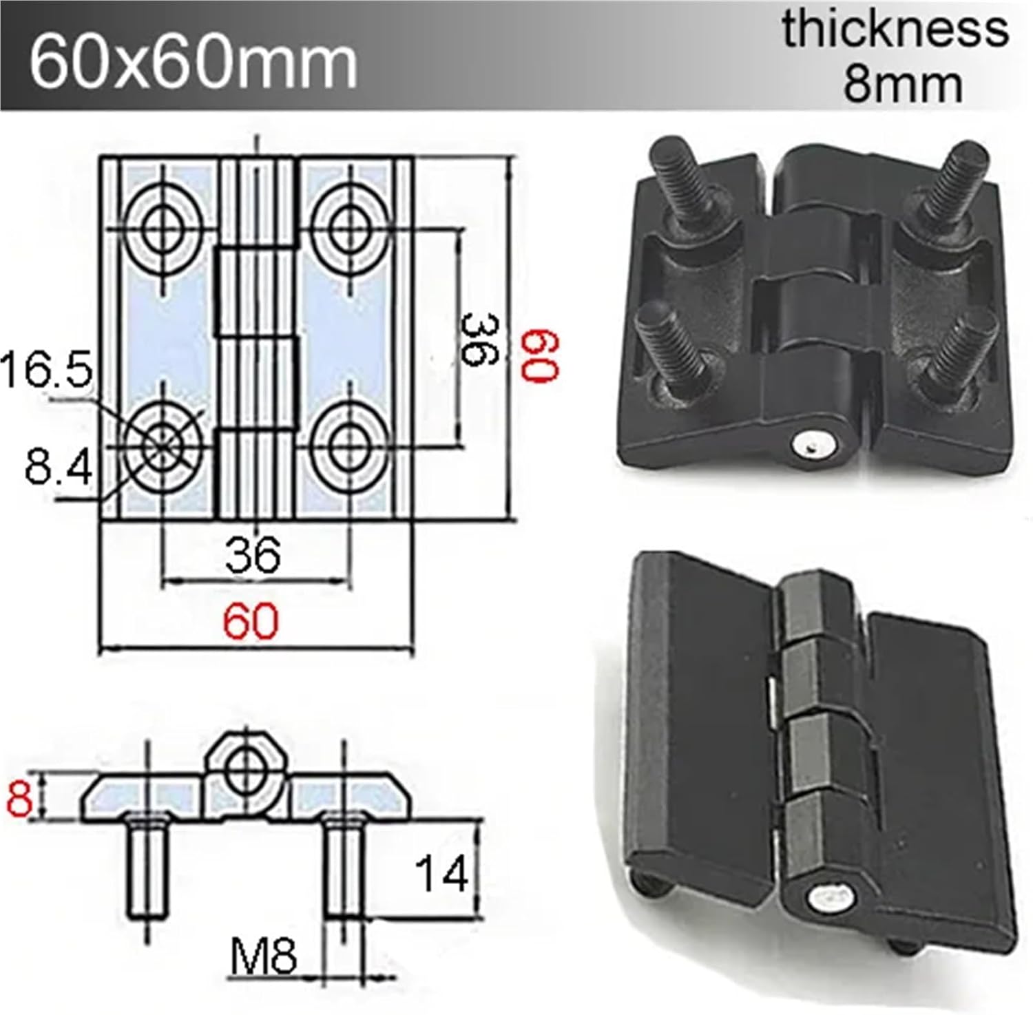 40x40 50x50 60x60 Zinc Alloy Hinges with Stud Thicken Black for Distribution Box 1Pcs(60x60x8mm)
