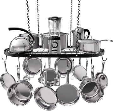 Vdomus Heavy-Duty Hanging Pot Rack - 33x17 Inches - Stylish Black Alloy Steel Ceiling Storage with 15 Hooks - Organize Kitchen Cookware and Utensils - Space-Saving Mounted Overhead Holder