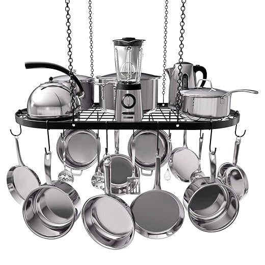 Vdomus Heavy-Duty Hanging Pot Rack - 33x17 Inches - Stylish Black Alloy Steel Ceiling Storage with 15 Hooks - Organize Kitchen Cookware and Utensils - Space-Saving Mounted Overhead Holder