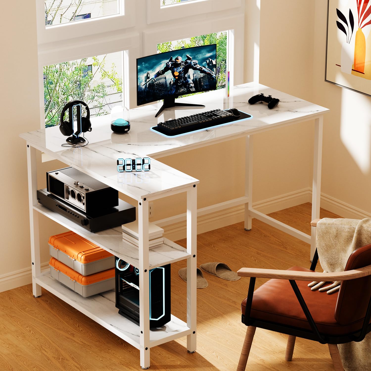 WOODYNLUX L-Shaped Computer Desk in white, set up as a workstation with a monitor and chair.