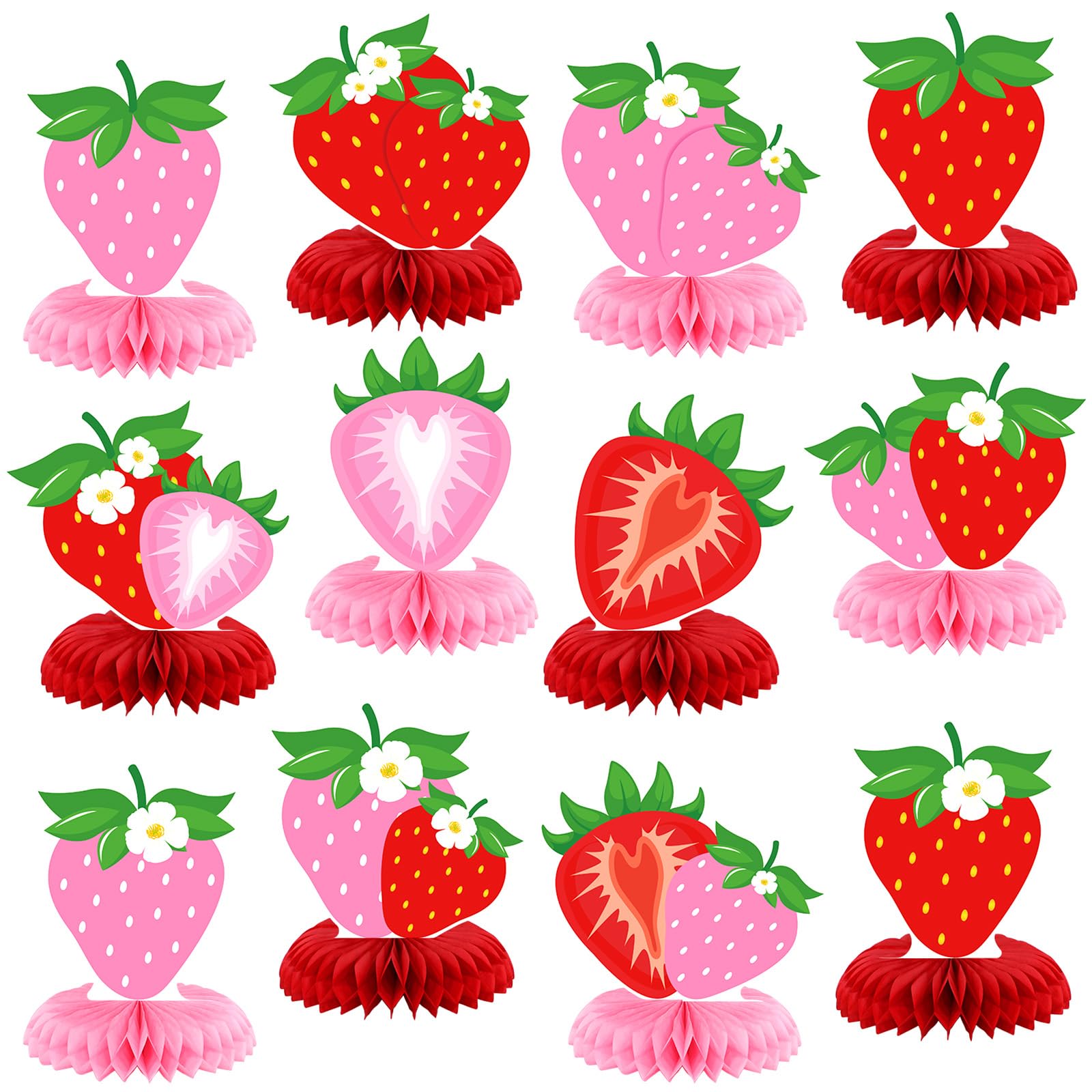 12 Pcs Strawberry Party Decoration Honeycomb Centerpieces Red Pink Strawberry Table Topper Table Decoration for Summer Birthday Fruits Theme Party