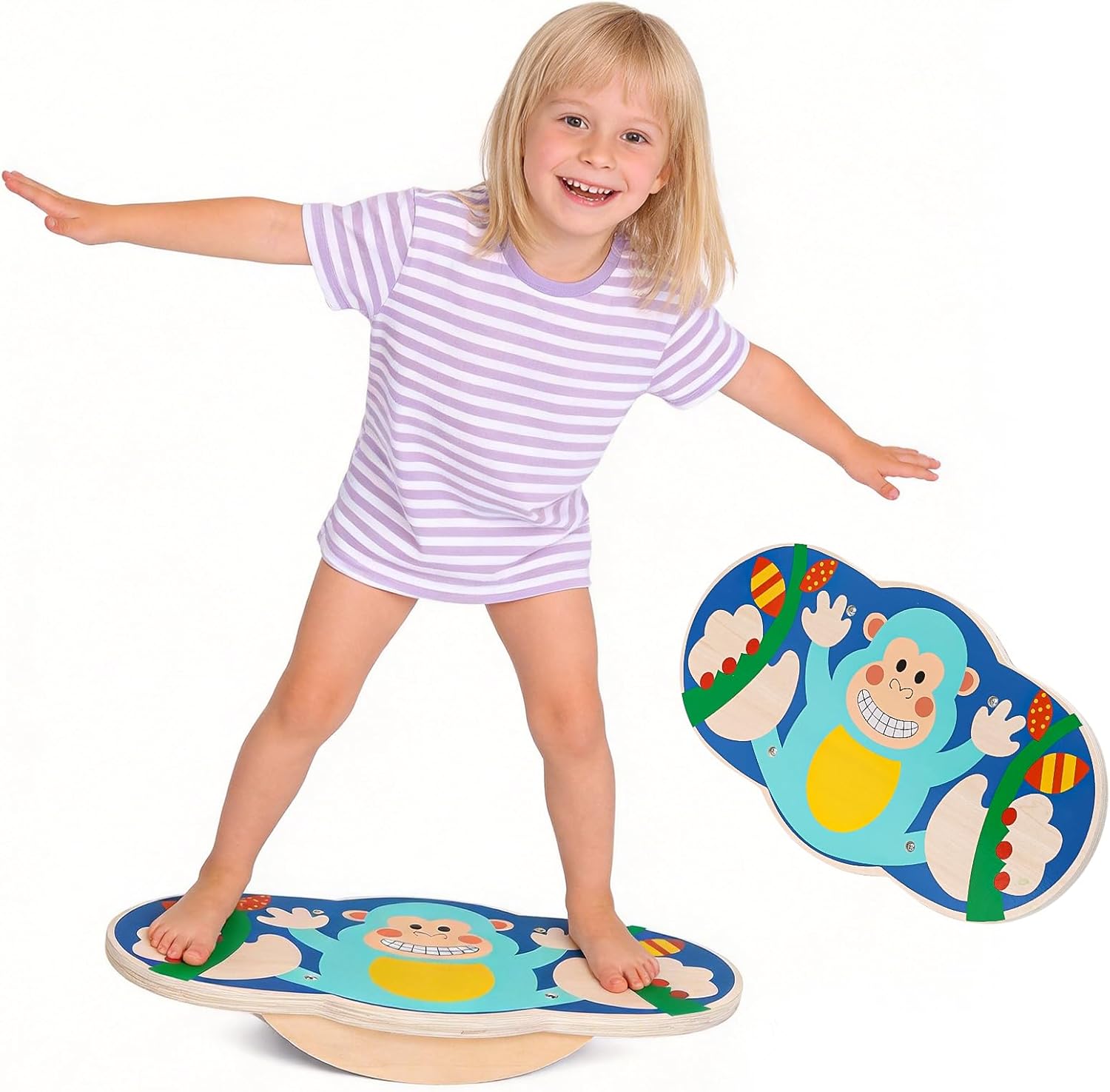 Jomifin Kids Wobble Balance Board - Wooden Rocker Board for Toddlers & Children, 123 LBS Durable Montessori Sensory Training Toy, Cute Blue Monkey Pattern for Indoor & Outdoor Active Play