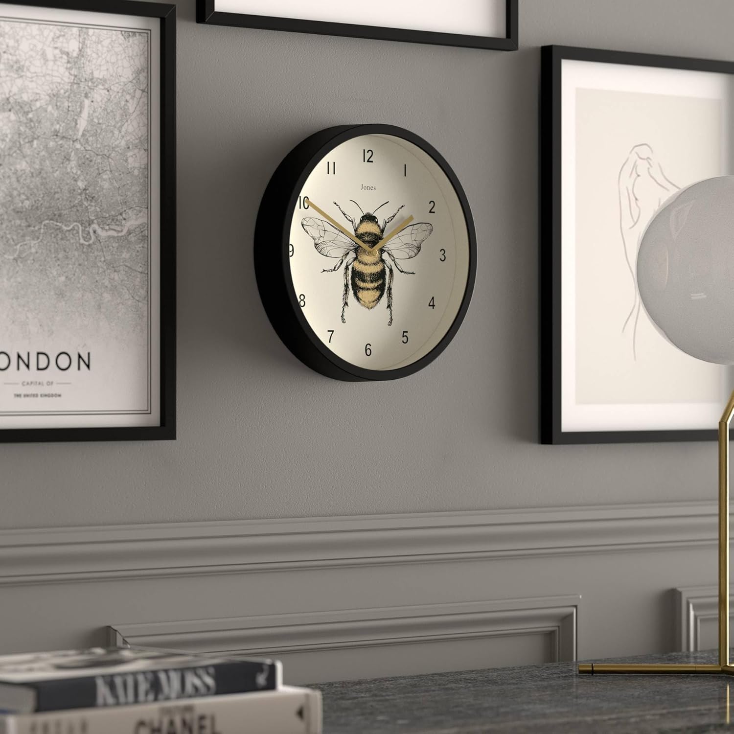 JONES CLOCKS® Bee Wall Clock | Small Modern Clock with Honeybee Illustration | 10 inch | Black | Decorative Design for Kitchen, Living Room, Bedroom or Office